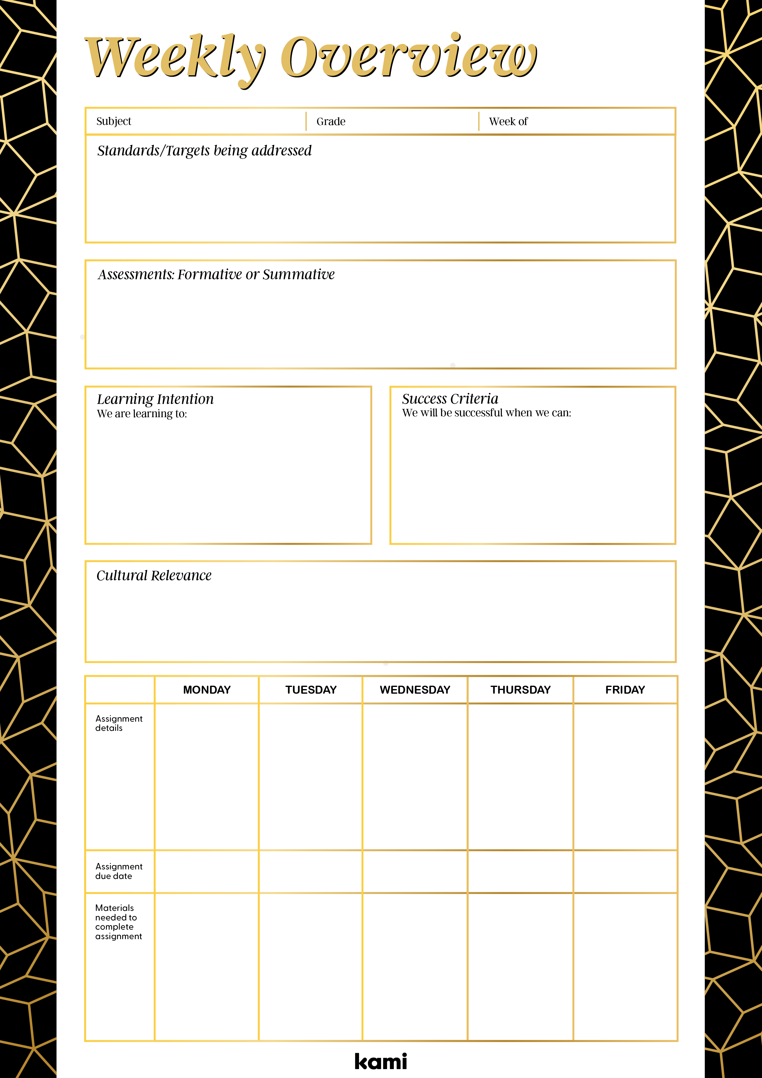 A Weekly Overview Lesson Plan for Teachers with a Black & Gold Theme