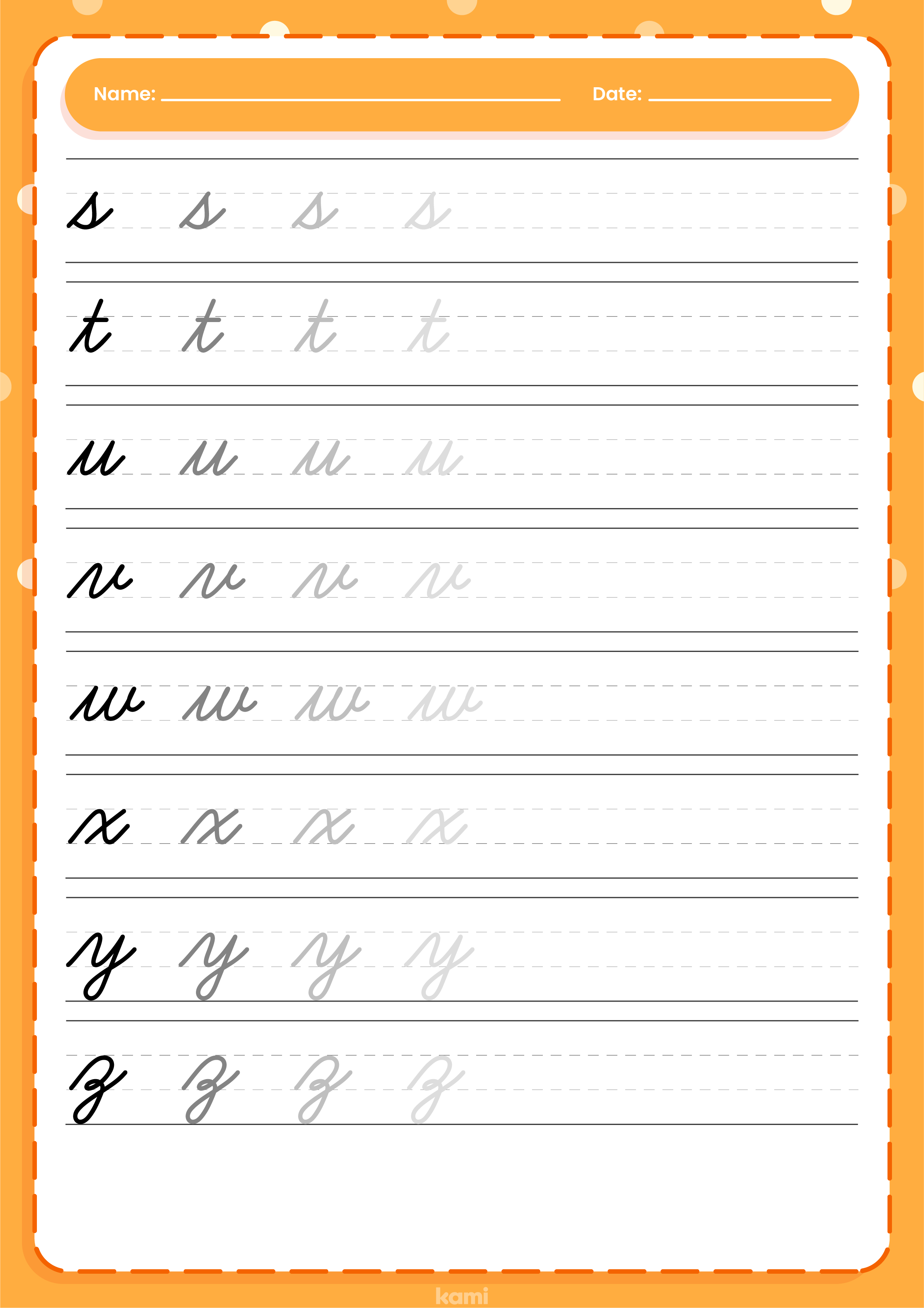 A cursive handwriting worksheet for younger learners with a lowercase exercise.