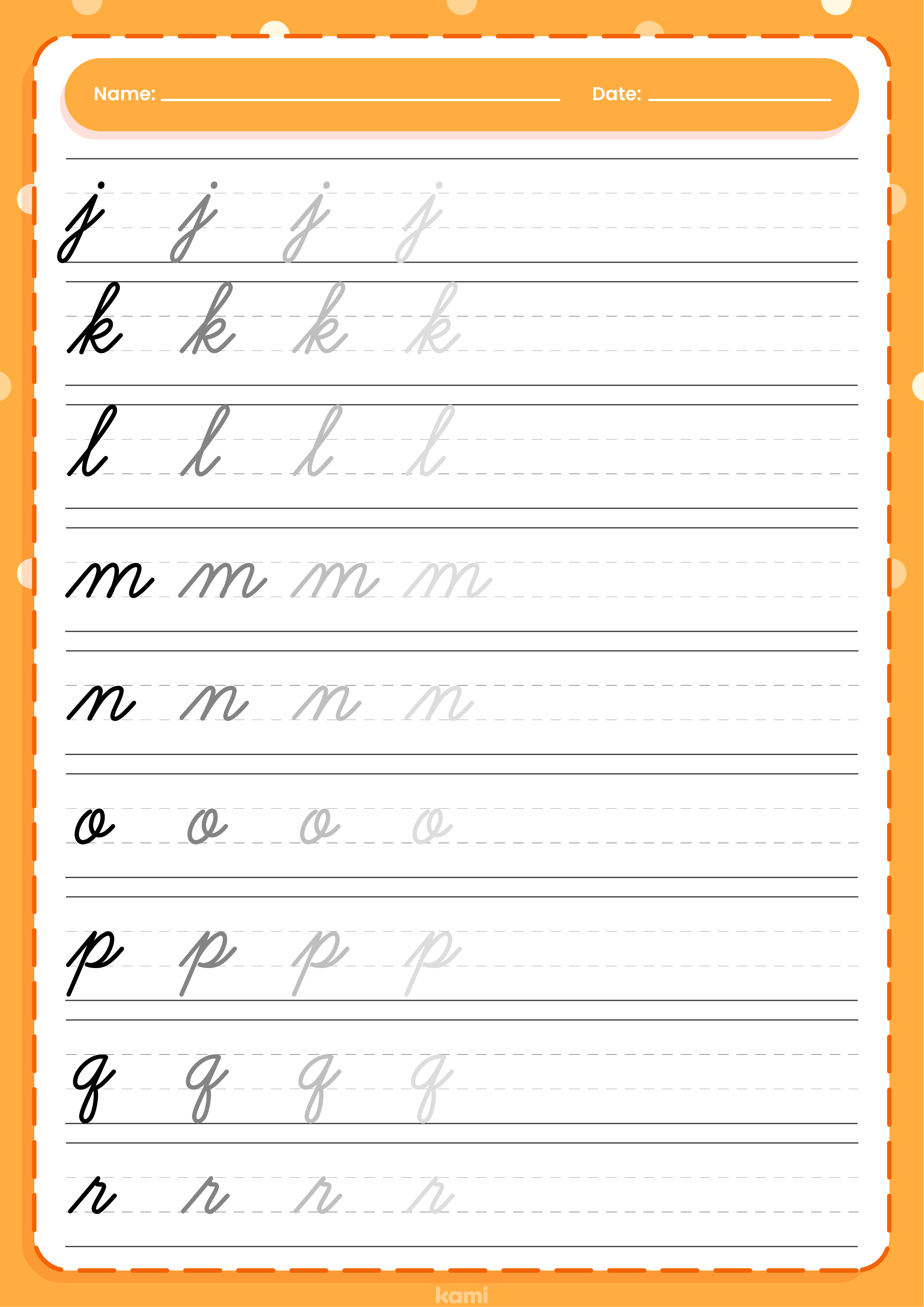 A cursive handwriting worksheet for younger learners with a orange design.