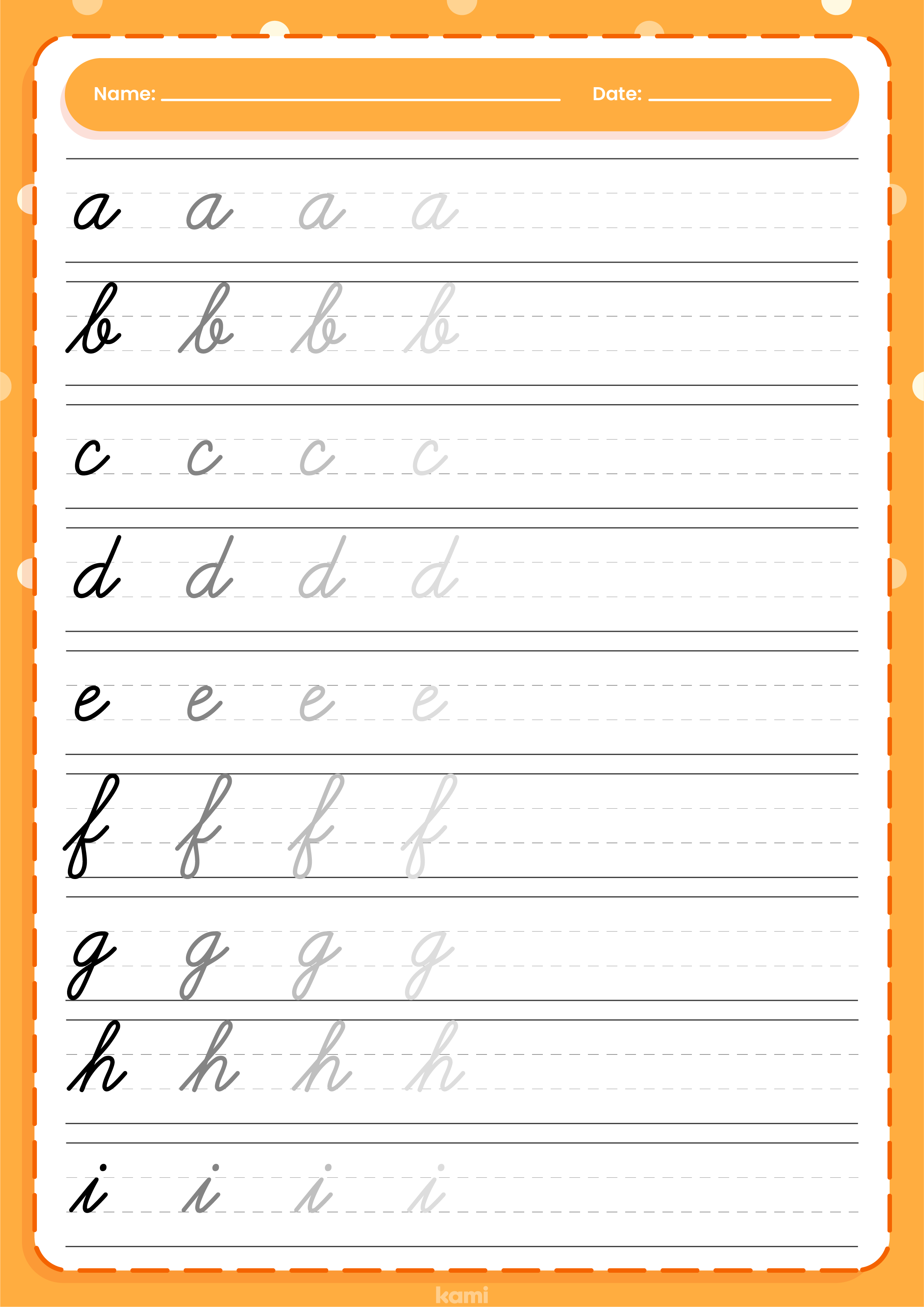 A handwriting worksheet for cursive practice with a orange design.