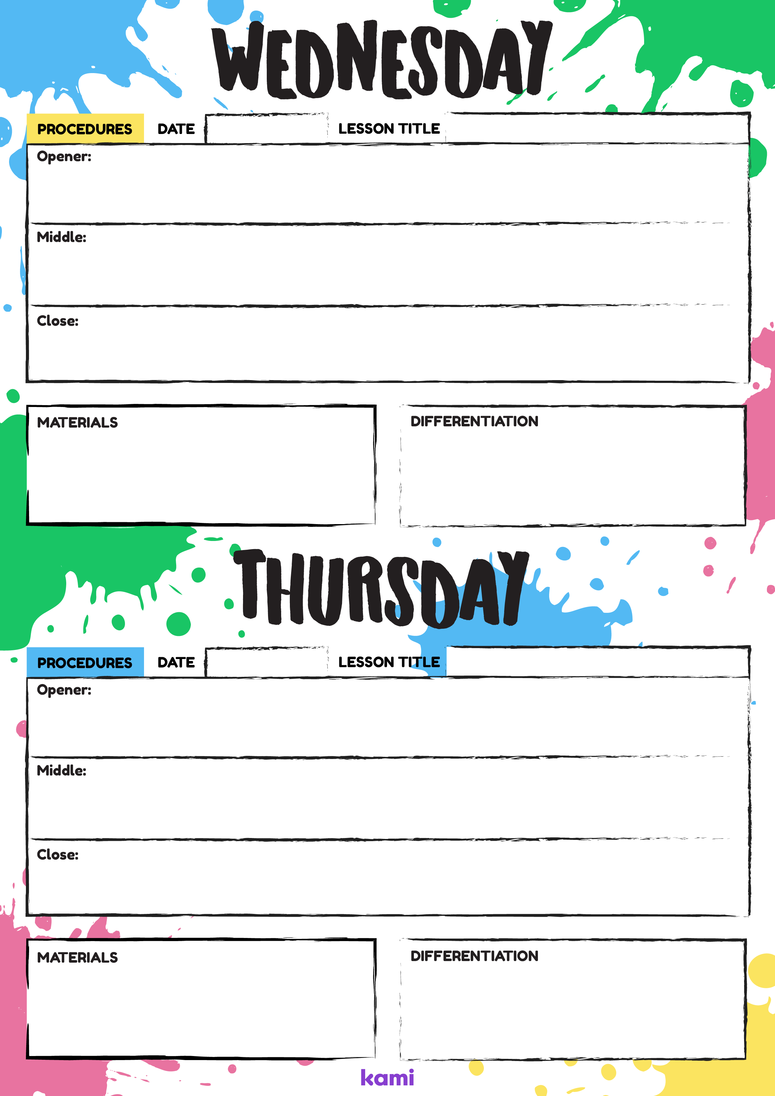 A weekly overview template for teachers with a paint splat design