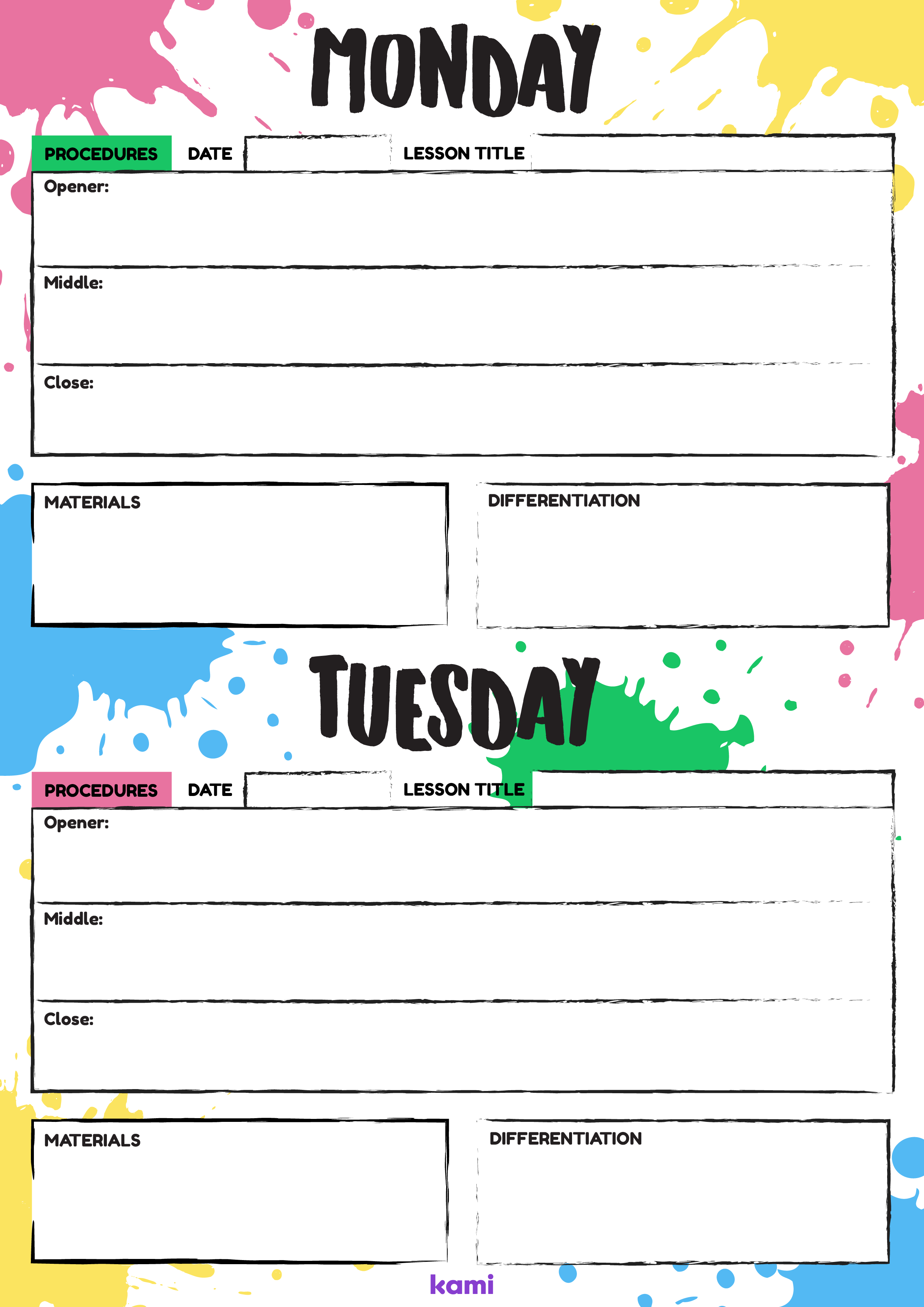 A weekly overview template for teachers with a paint splat theme