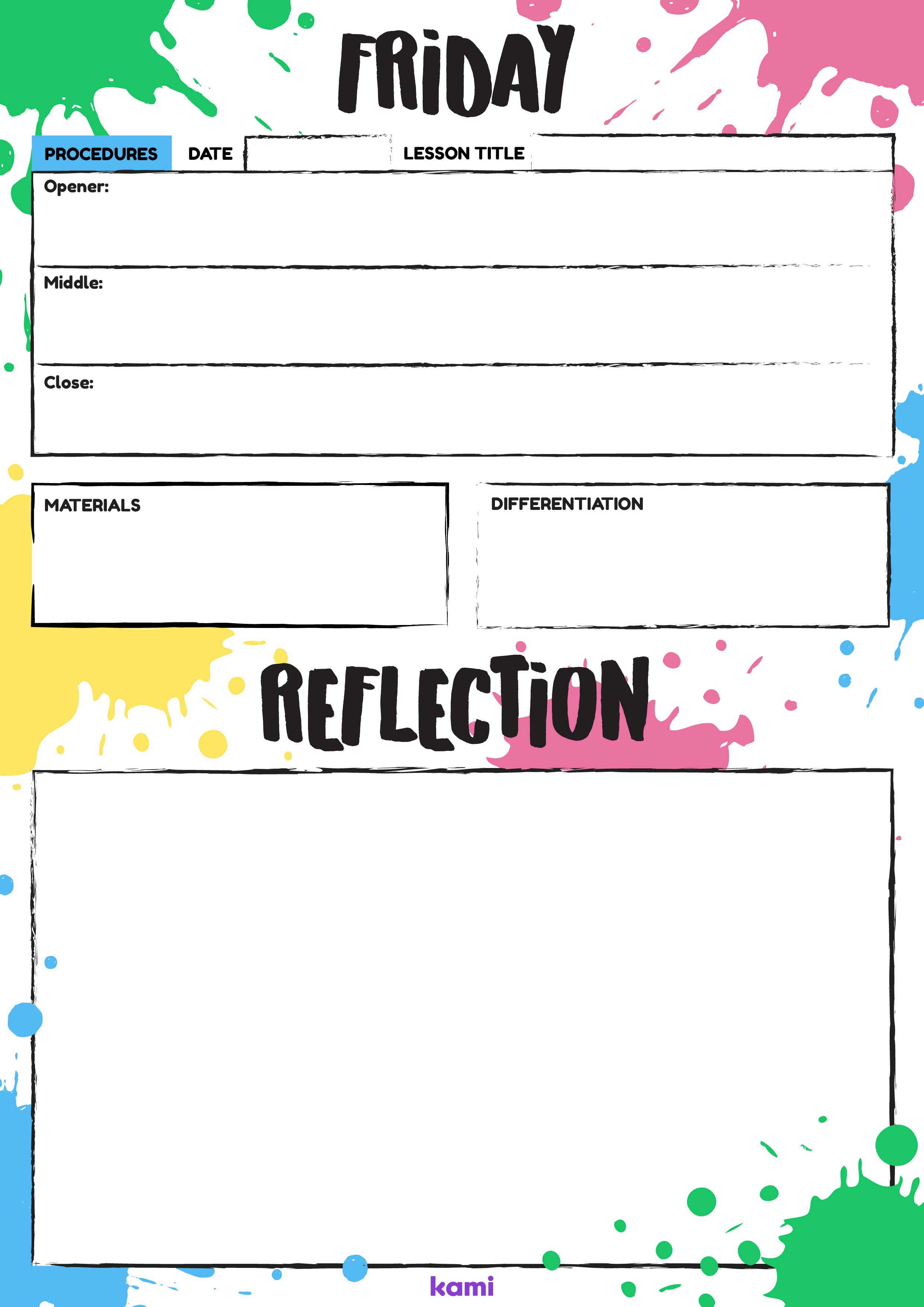 A weekly overview template for teachers with a paint splat theme