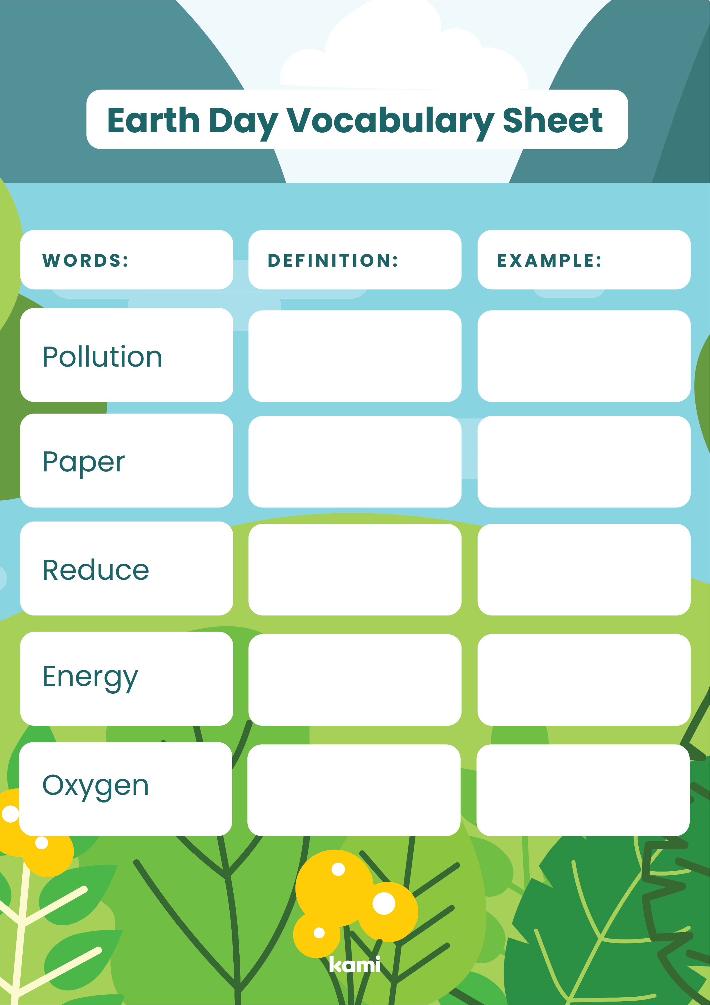 A vocab sheet for earth day with a 3 page exercise