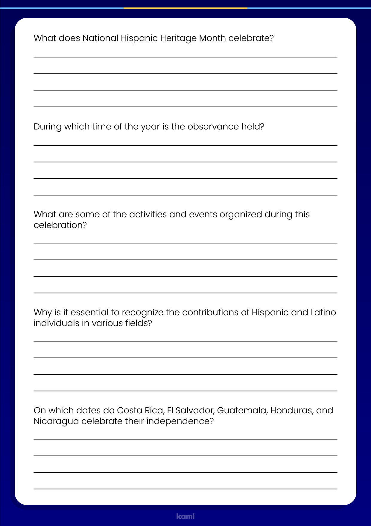 A worksheet for Hispanic Heritage Month with a reading comprehension exercise.