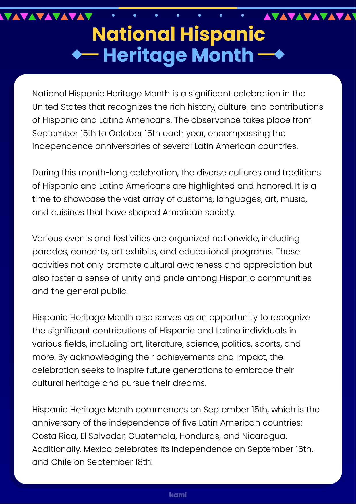 Hispanic Heritage Month Reading Comprehension for Teachers Perfect