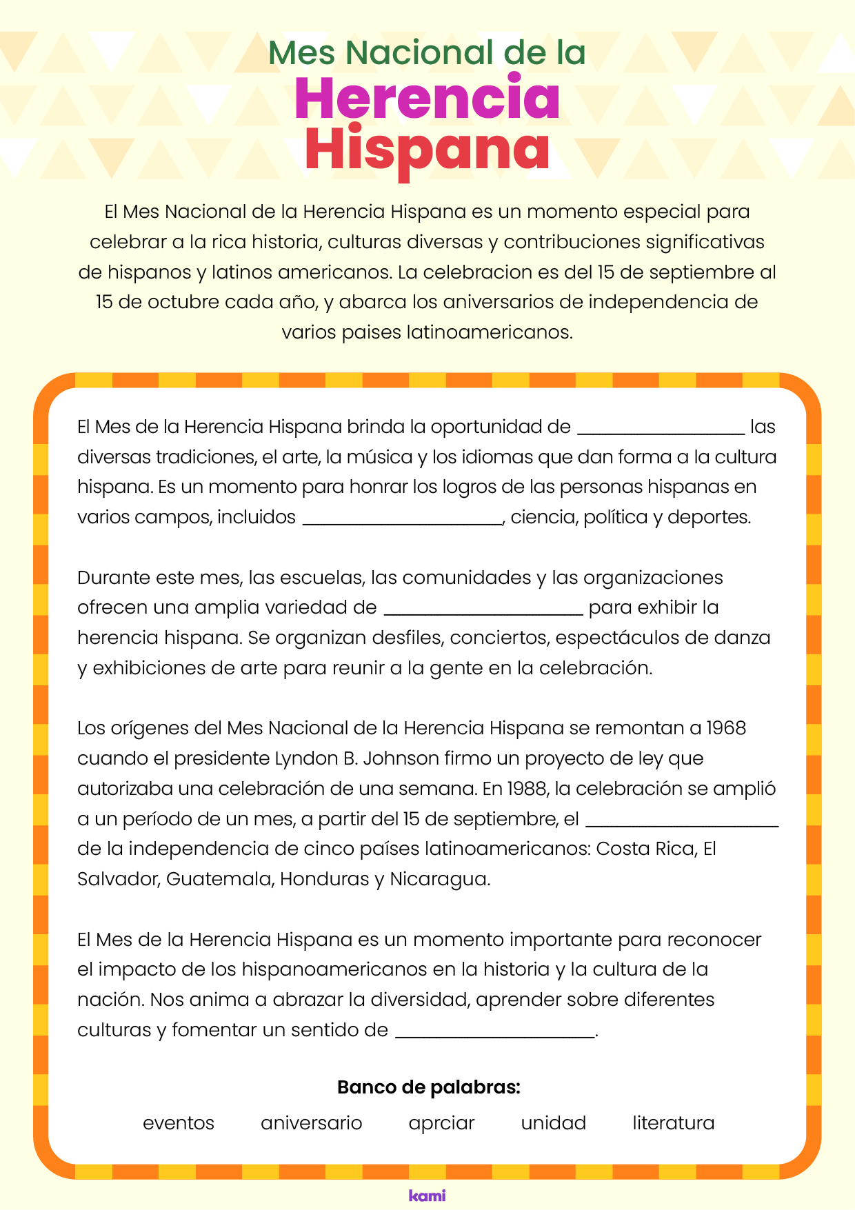 A worksheet for Hispanic Heritage Month with a translated Spanish version.