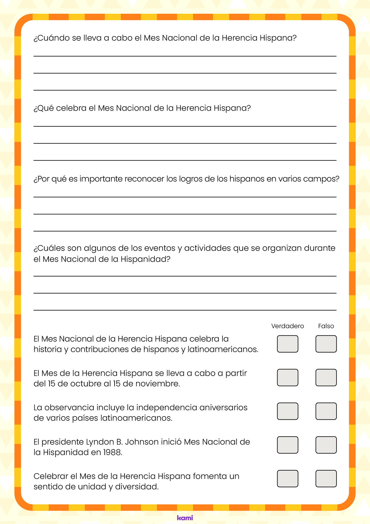 A worksheet for Hispanic Heritage month with a translated Spanish version.