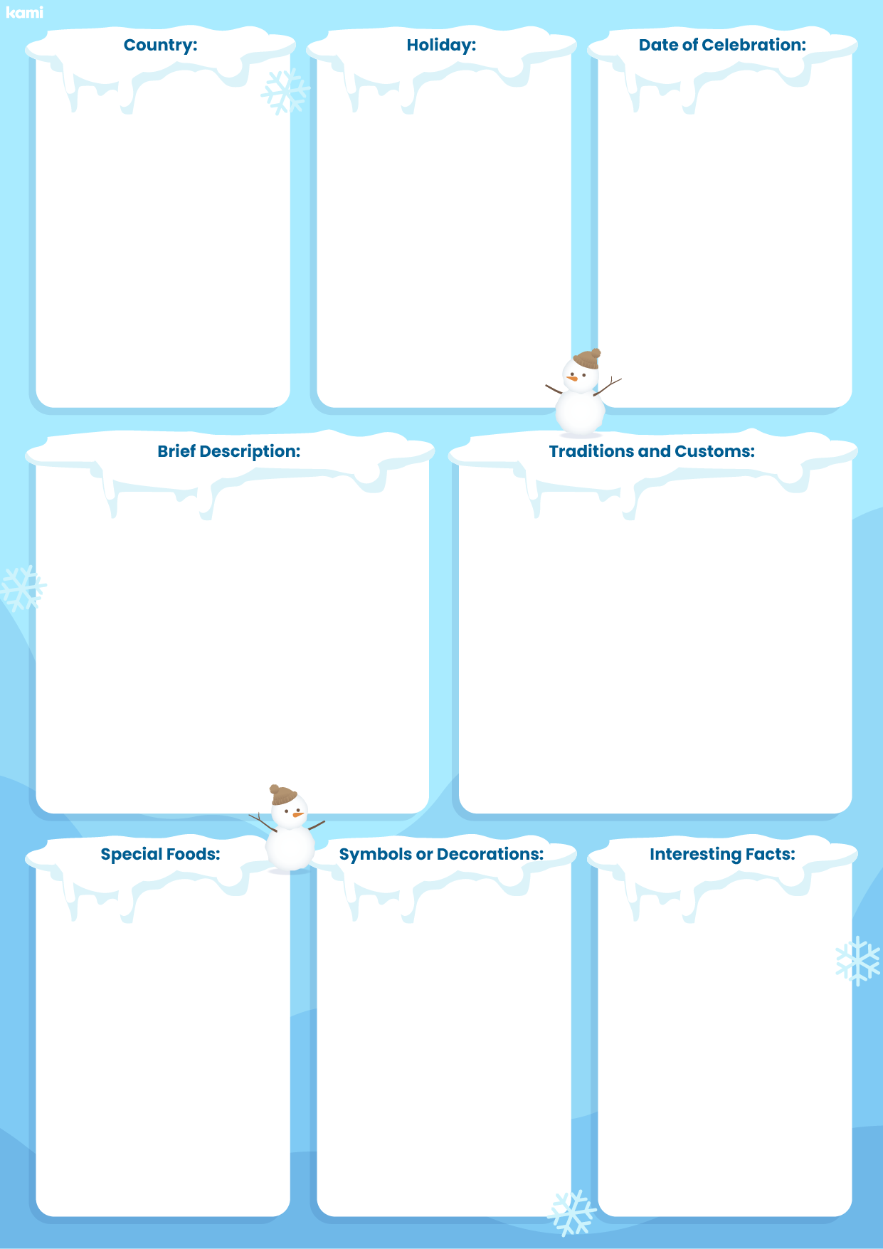 A worksheet for researching holidays with a winter theme.