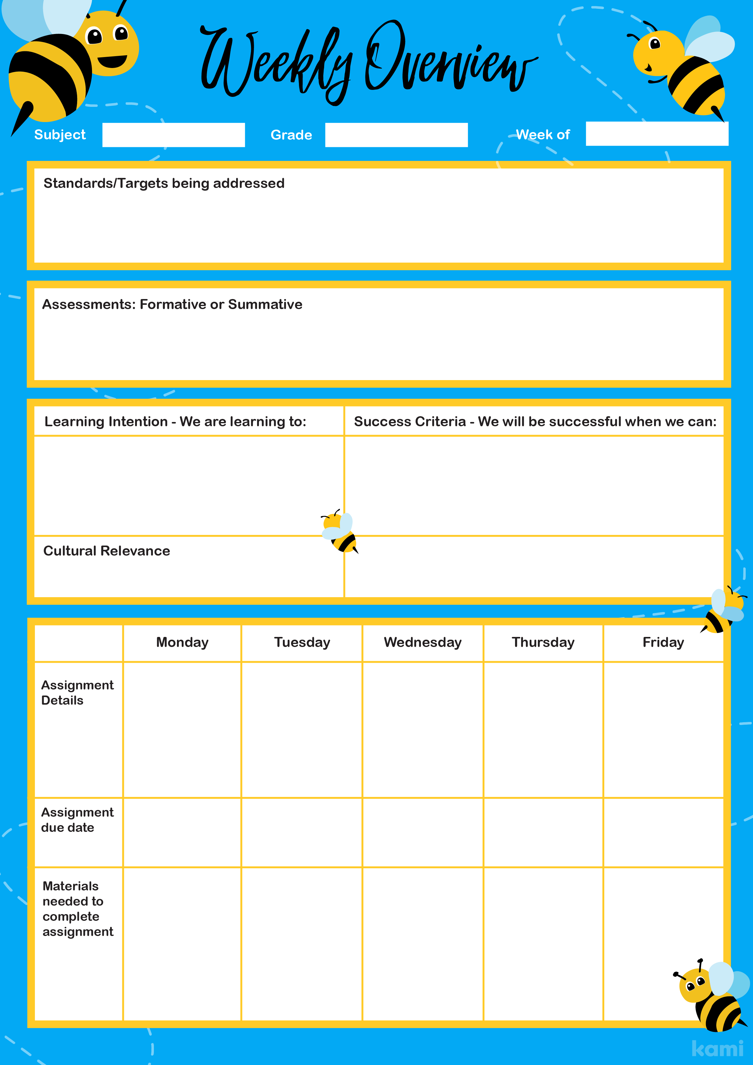 A Weekly Overview Lesson Plan for Teachers with a Busy Bee Theme