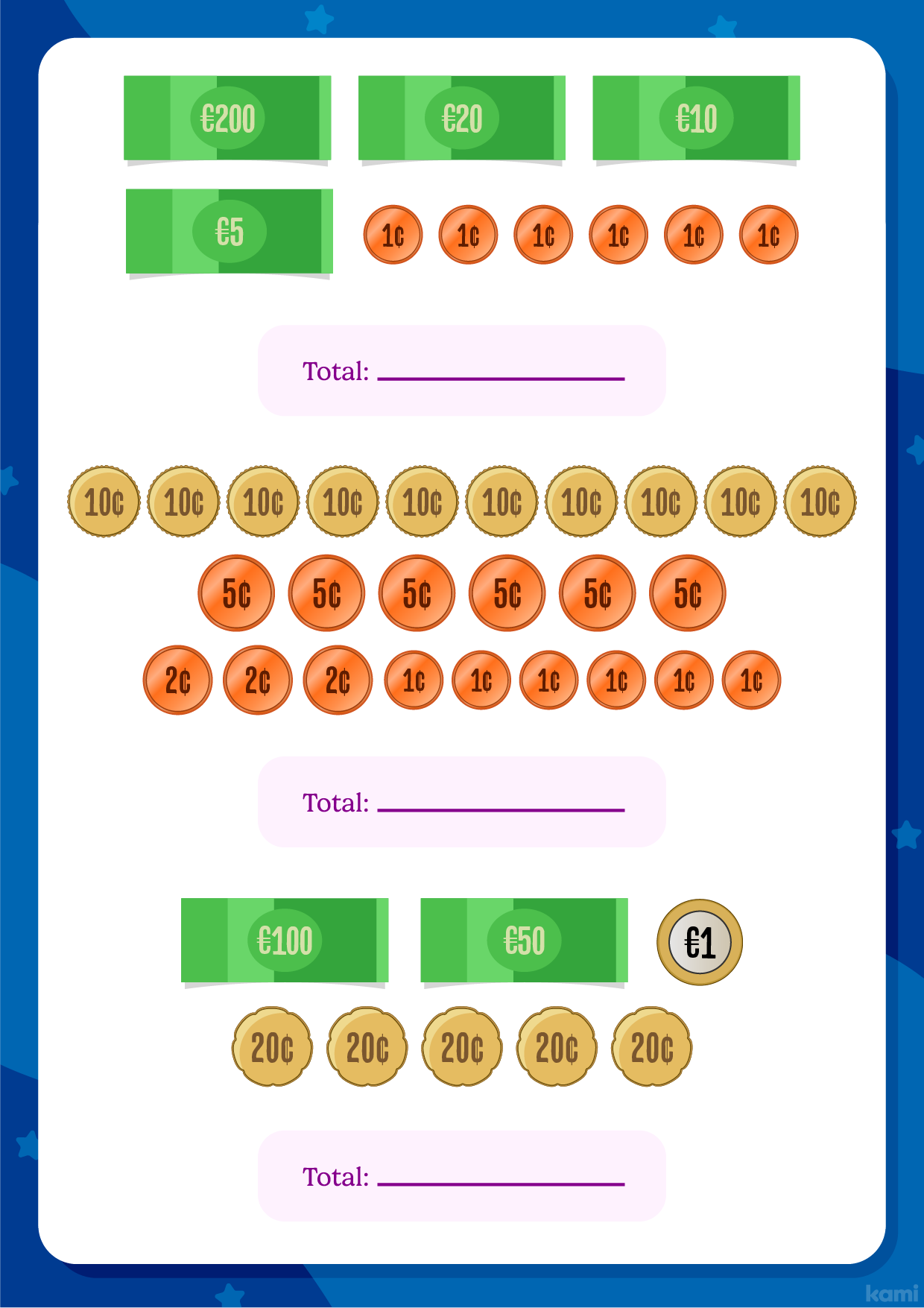 A money worksheet for counting with a euro currency exercise.