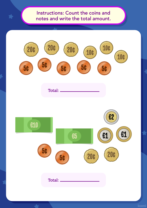 A money worksheet for counting with a euro currency design.