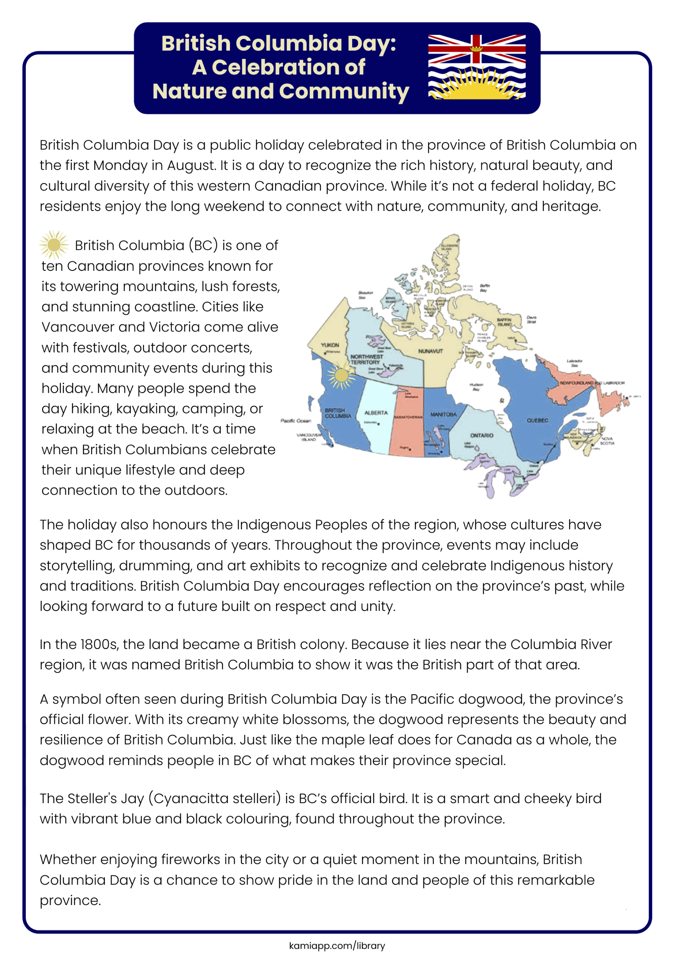 A worksheet for british columbia with a reading exercise.