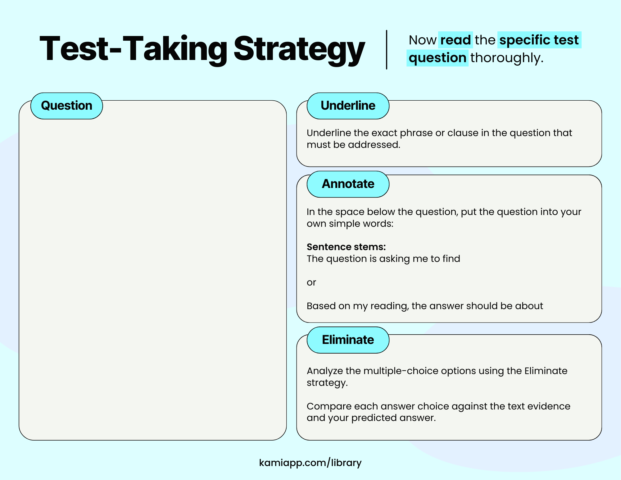 Two-page test-taking strategy worksheet showing how to underline key parts of a passage and question, annotate meaning, and eliminate incorrect answer choices.