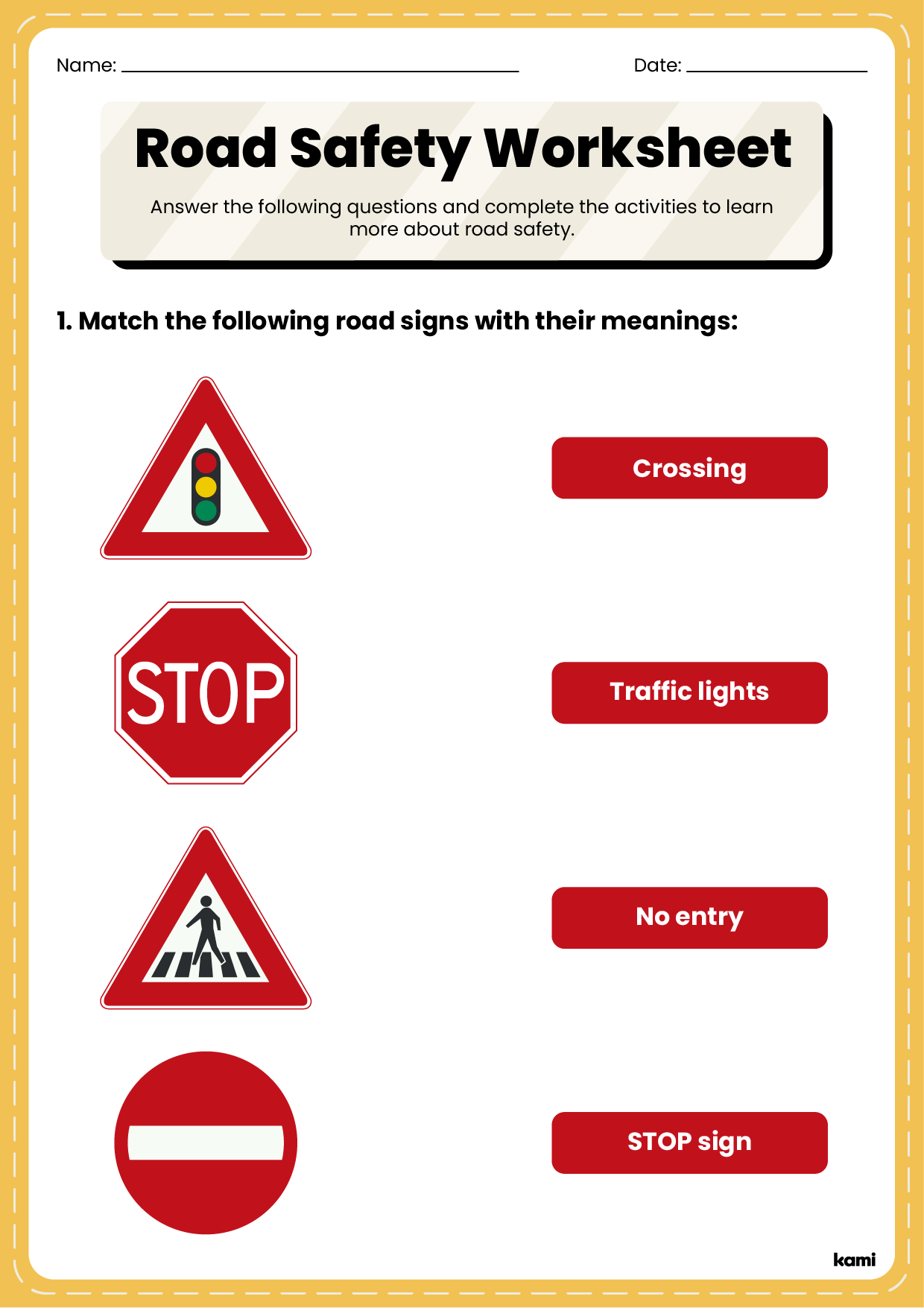A worksheet for road safety with a exercises design.