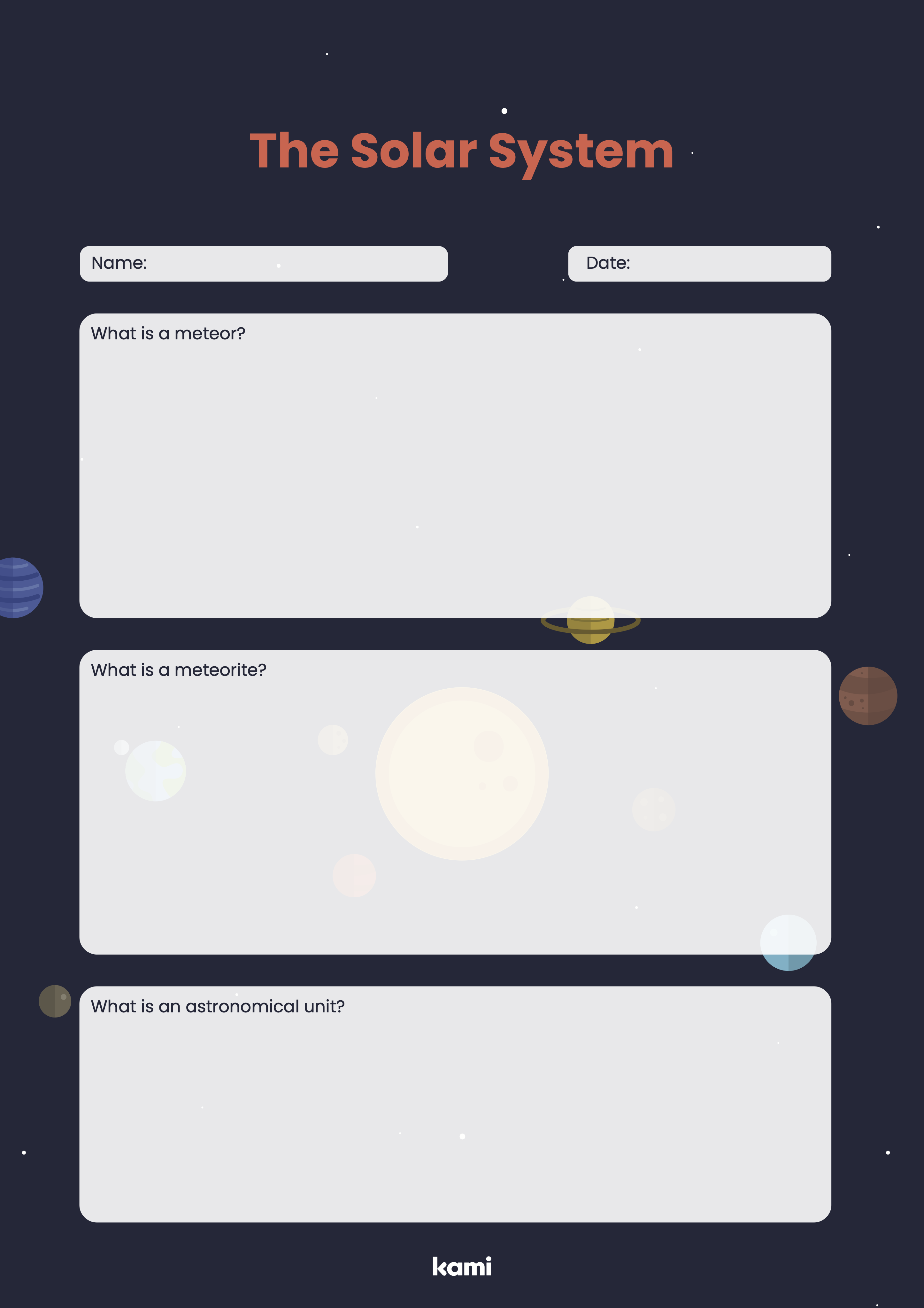 A solar system worksheet for 4th-12th graders with a exercise.