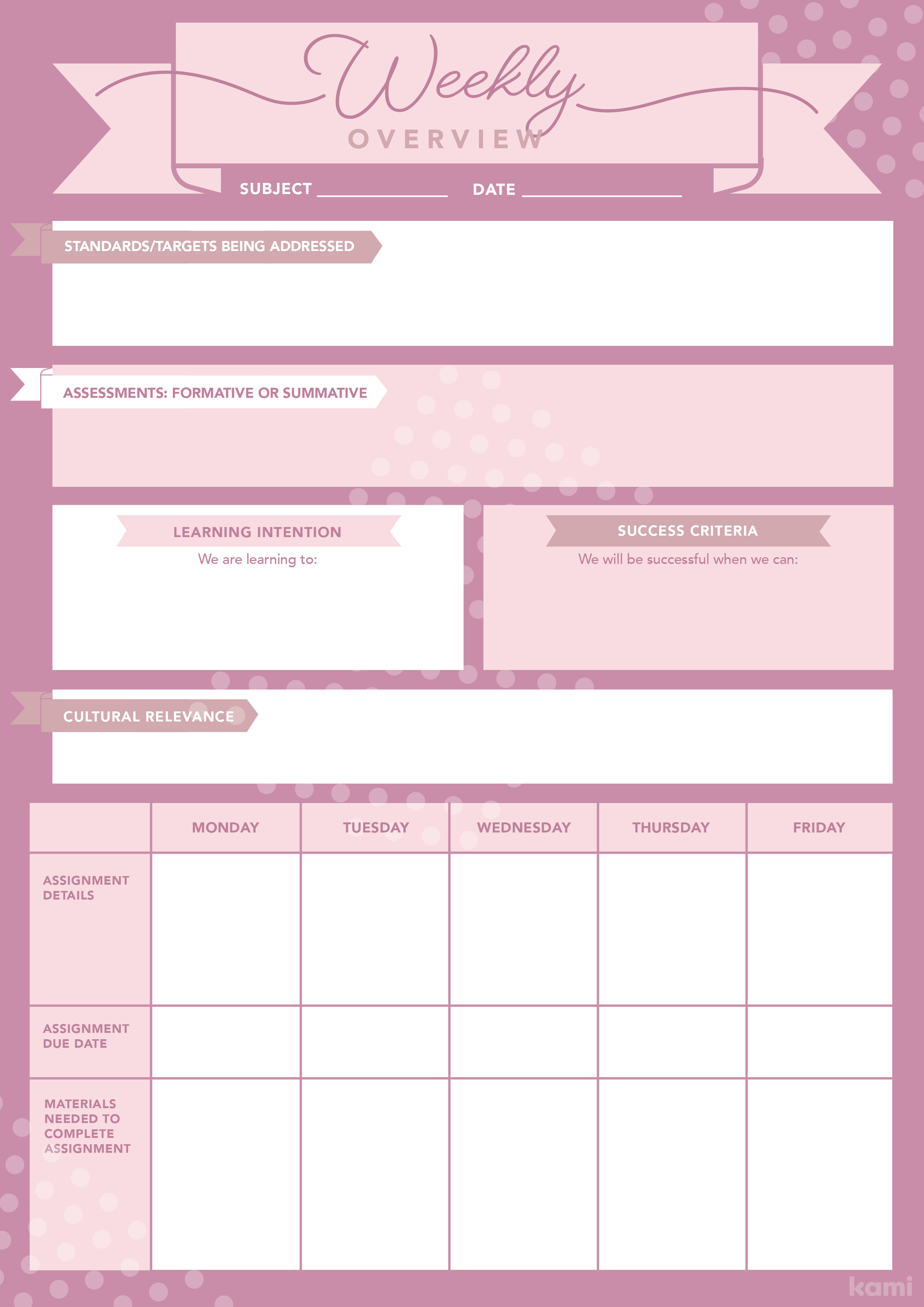 A Weekly Overview Lesson Plan for Teachers with a Pink Theme