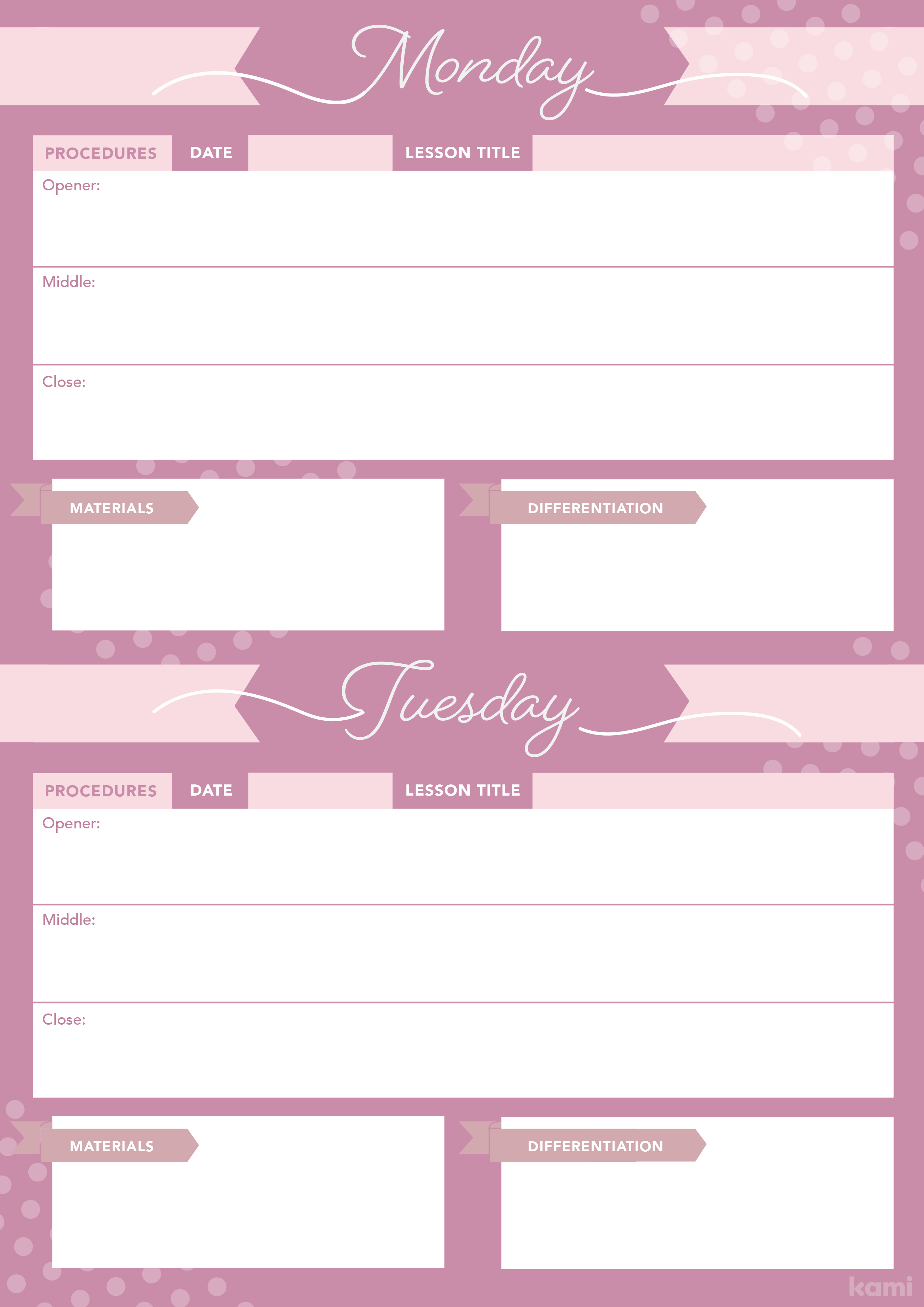 A Weekly Overview Lesson Plan for Teachers with a Pink Theme
