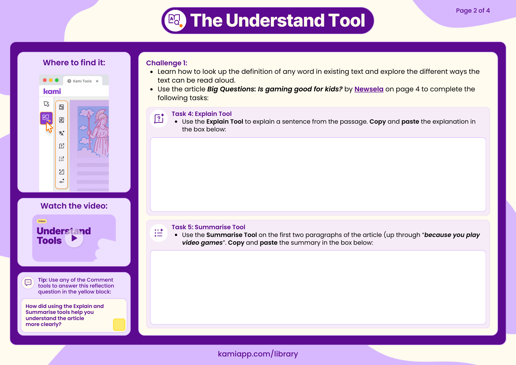 A worksheet where pupils explain a sentence and summarise two paragraphs of a Newsela article, with a reflection box.