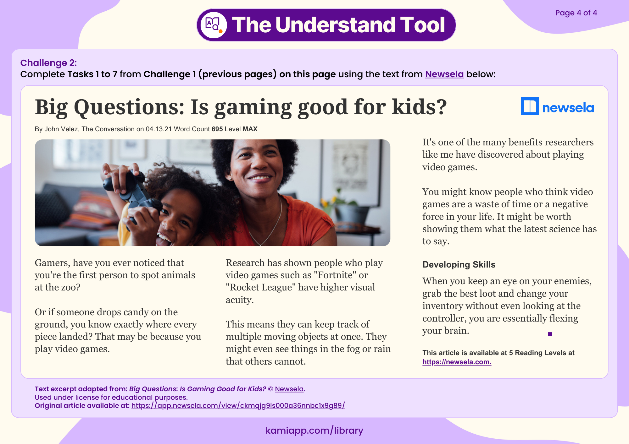 A worksheet containing a Newsela article excerpt about gaming where pupils demonstrate all earlier Understand Tool skills.