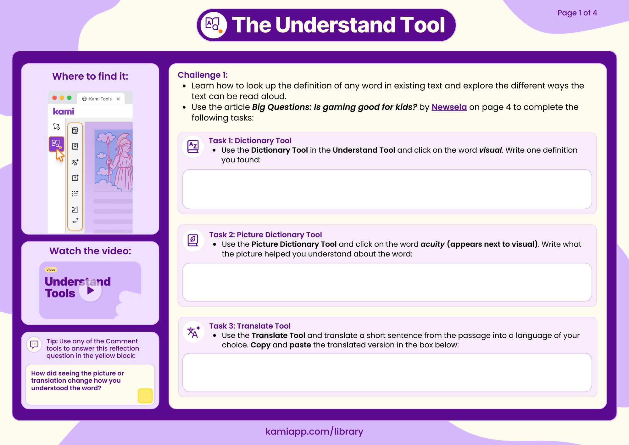 A worksheet with tasks using the dictionary, picture dictionary, and translation tools to check word meaning and language support.