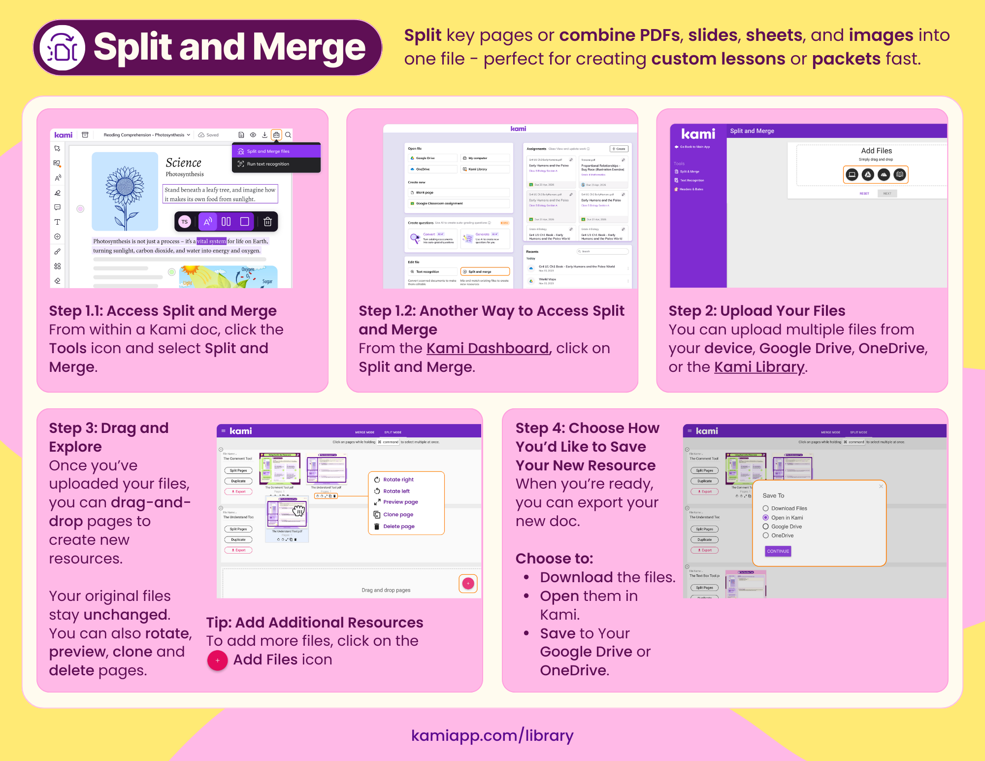 Instructional template showing step-by-step guidance for using Kami’s Split and Merge tool to combine and organise document pages.
