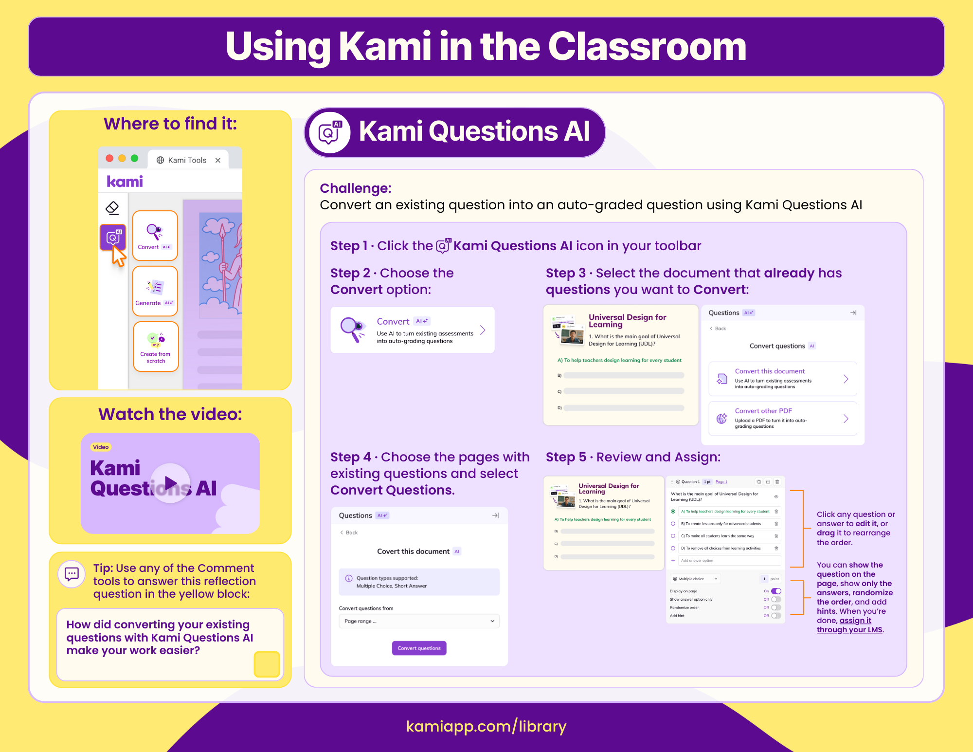 A worksheet explaining how to convert existing questions into auto-graded questions using Kami Questions AI, with video and reflection prompt.