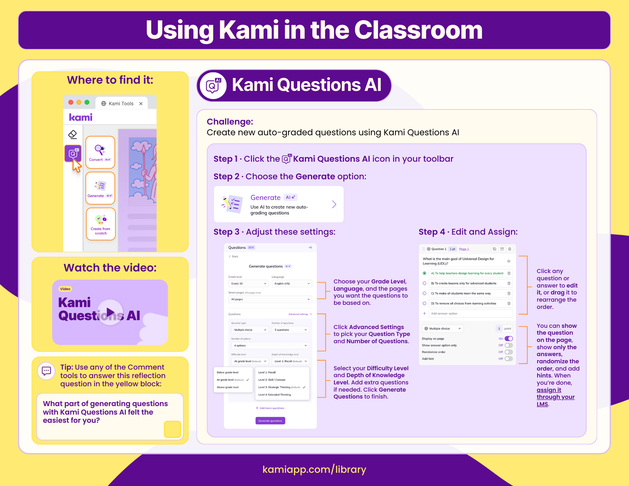 A worksheet showing step-by-step directions for generating auto-graded questions with Kami Questions AI, including video and reflection prompt. Students select grade level, question type, and difficulty.