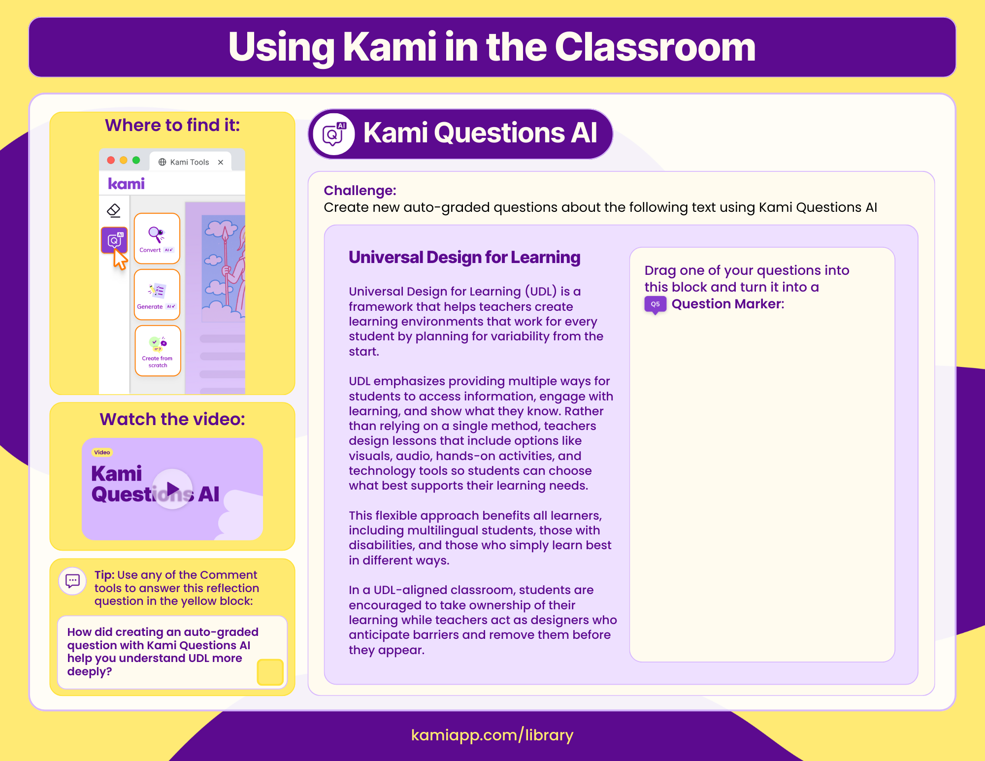 A worksheet with a UDL article excerpt and a block to drag a new auto-graded question. Includes a reflection question in a yellow box.
