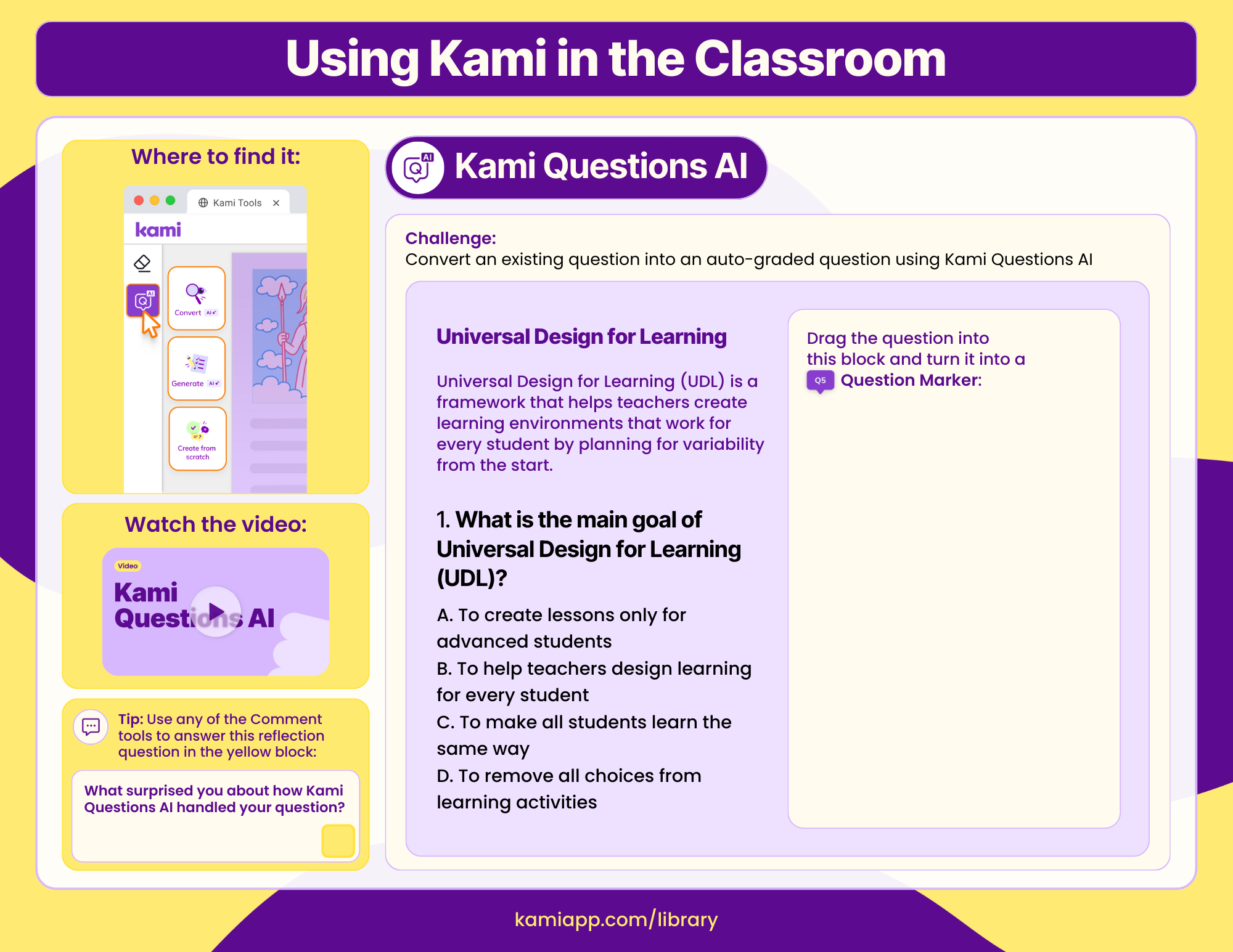 A worksheet with a UDL multiple-choice example and a space to convert and place a question marker, plus a reflection question. 