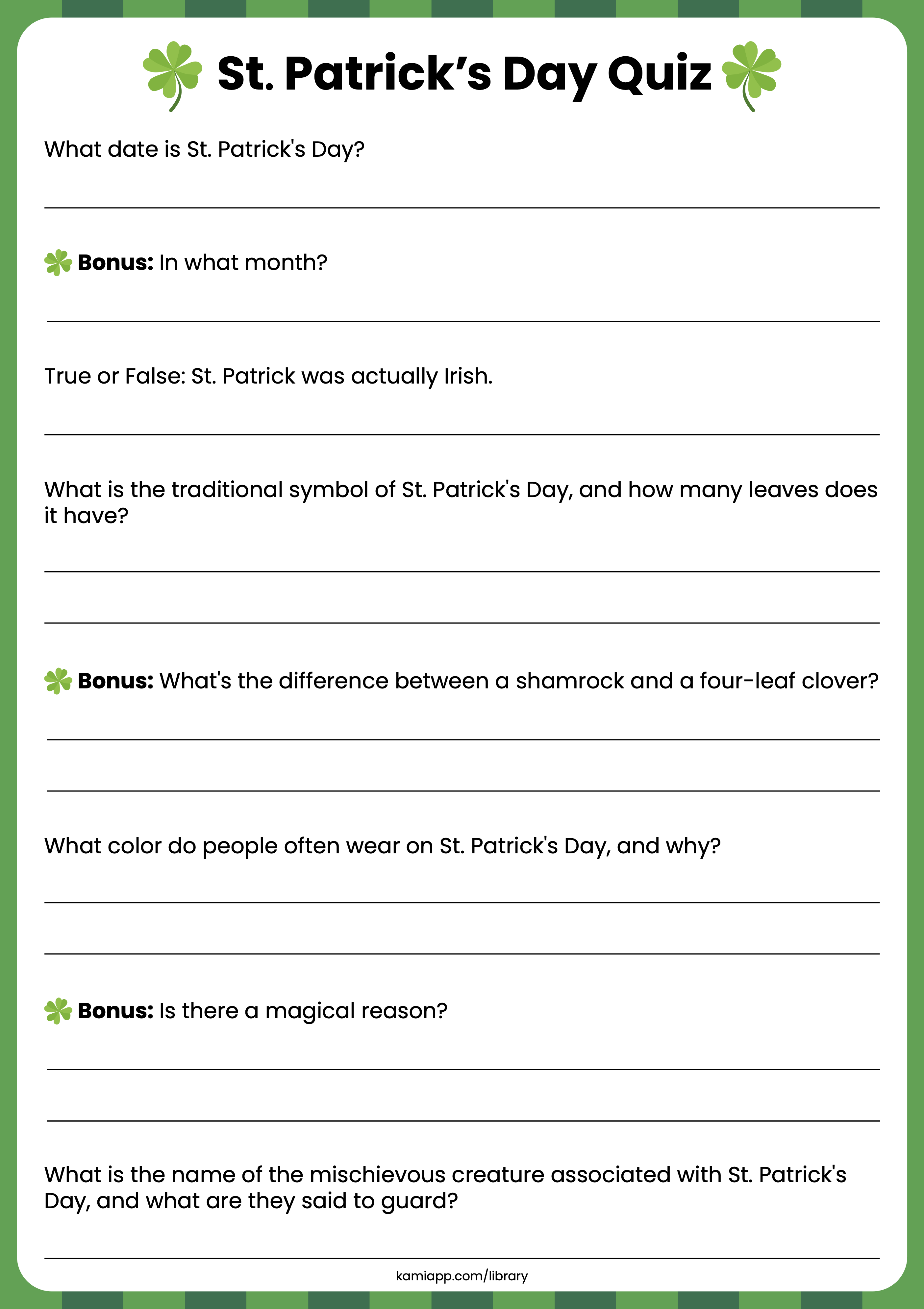 A quiz for St Patrick's Day with a number of questions to answer.