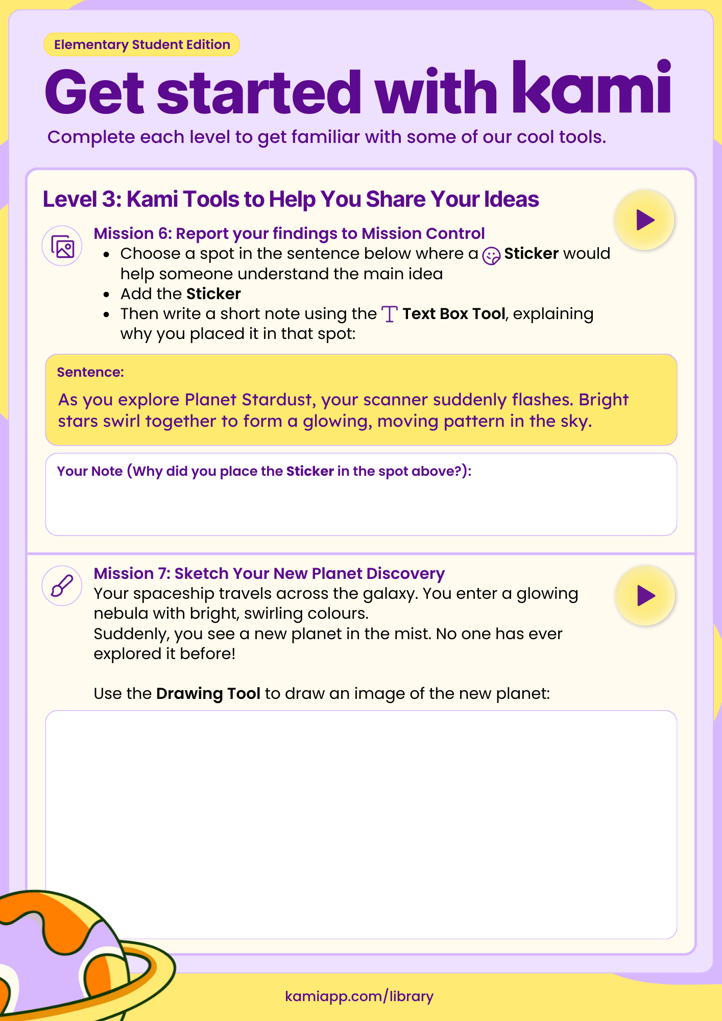 A mission page with a sentence about exploring Planet Stardust. Pupils add a Sticker to highlight the main idea and write a short explanation. Mission 7 asks pupils to draw a newly discovered planet inspired by a colourful nebula. A large blank drawing box is provided.