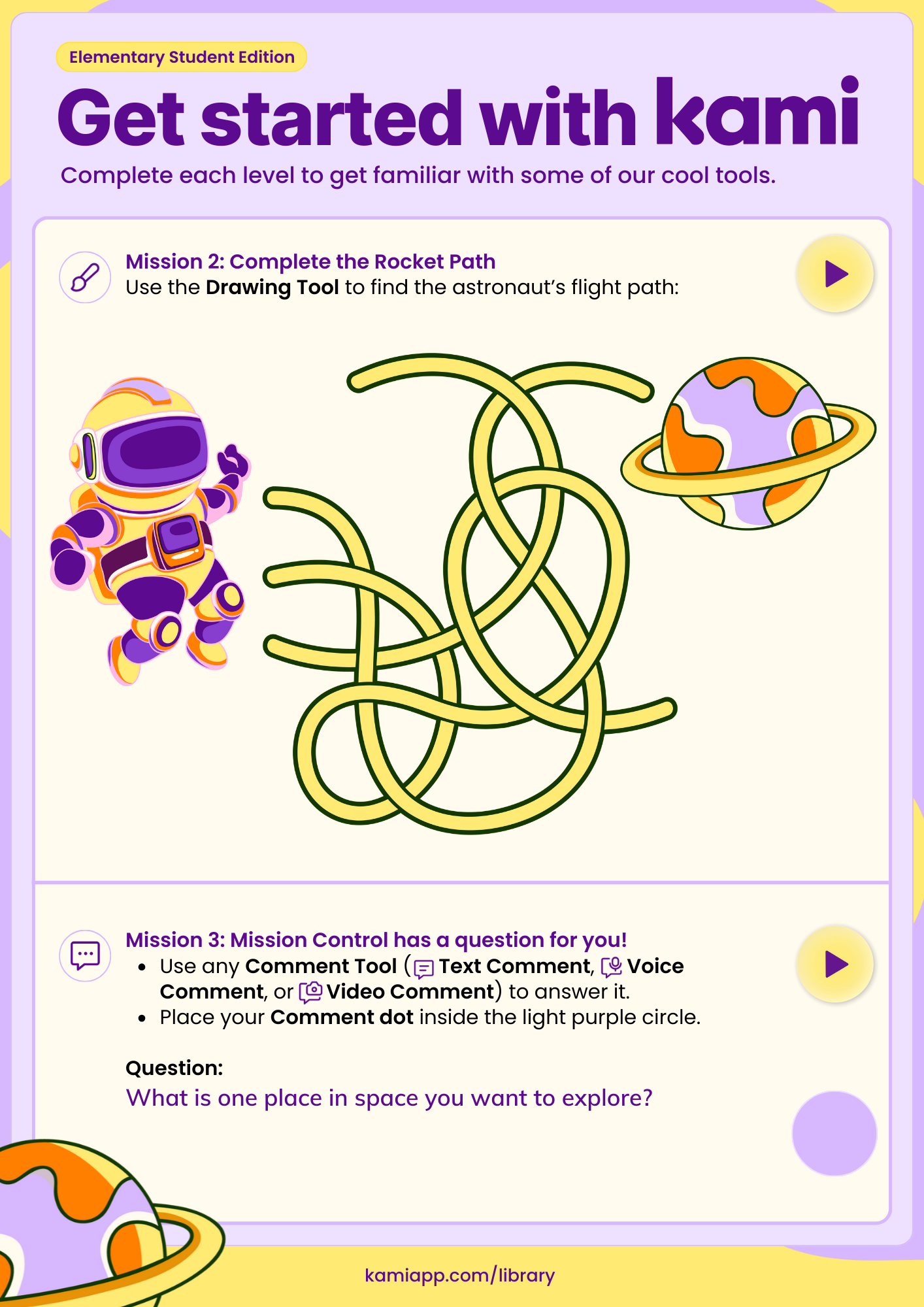 A page featuring a maze-like rocket path for Mission 2, where pupils trace the astronaut’s route using the Drawing Tool. Mission 3 asks pupils to answer “What is one place in space you want to explore?” using a Comment Tool and place the comment dot inside a purple circle.