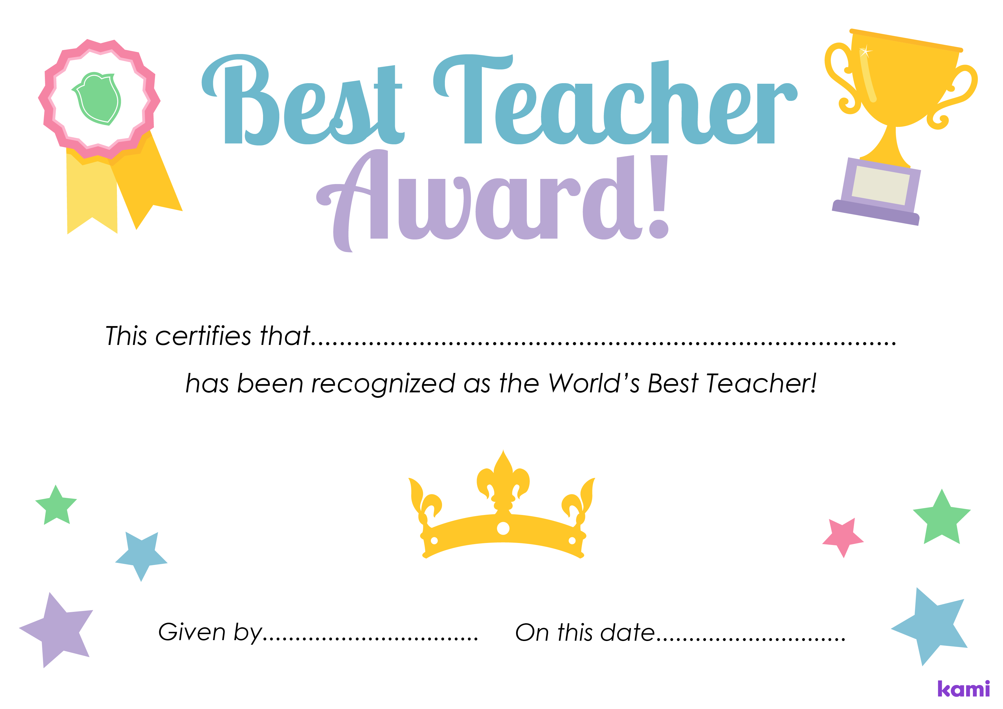 World Teacher's Day Award for Teachers Perfect for grades 1st, 2nd, 3rd, 4th, 5th, K, Pre K