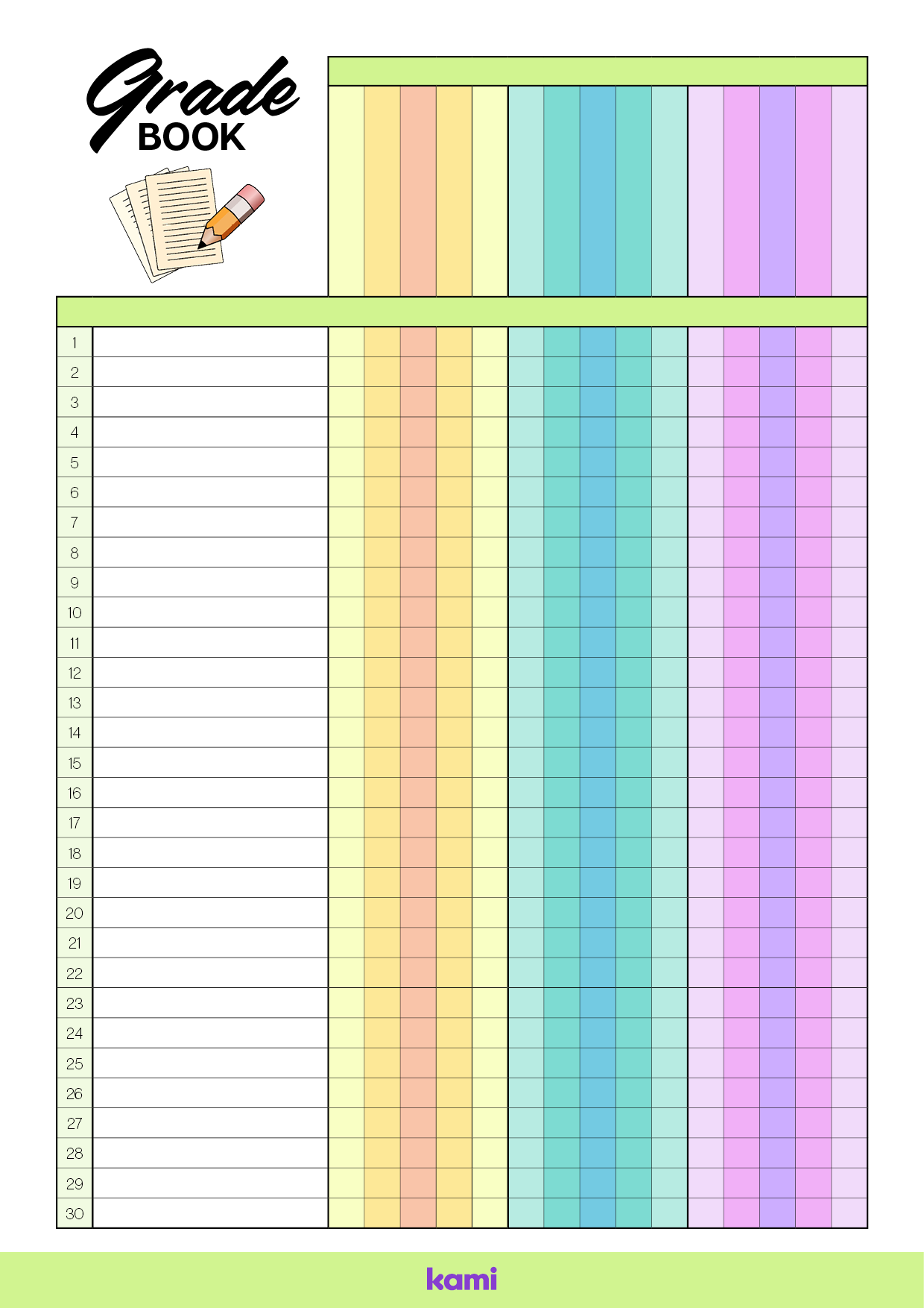 Free Printable Teacher Gradebook Template