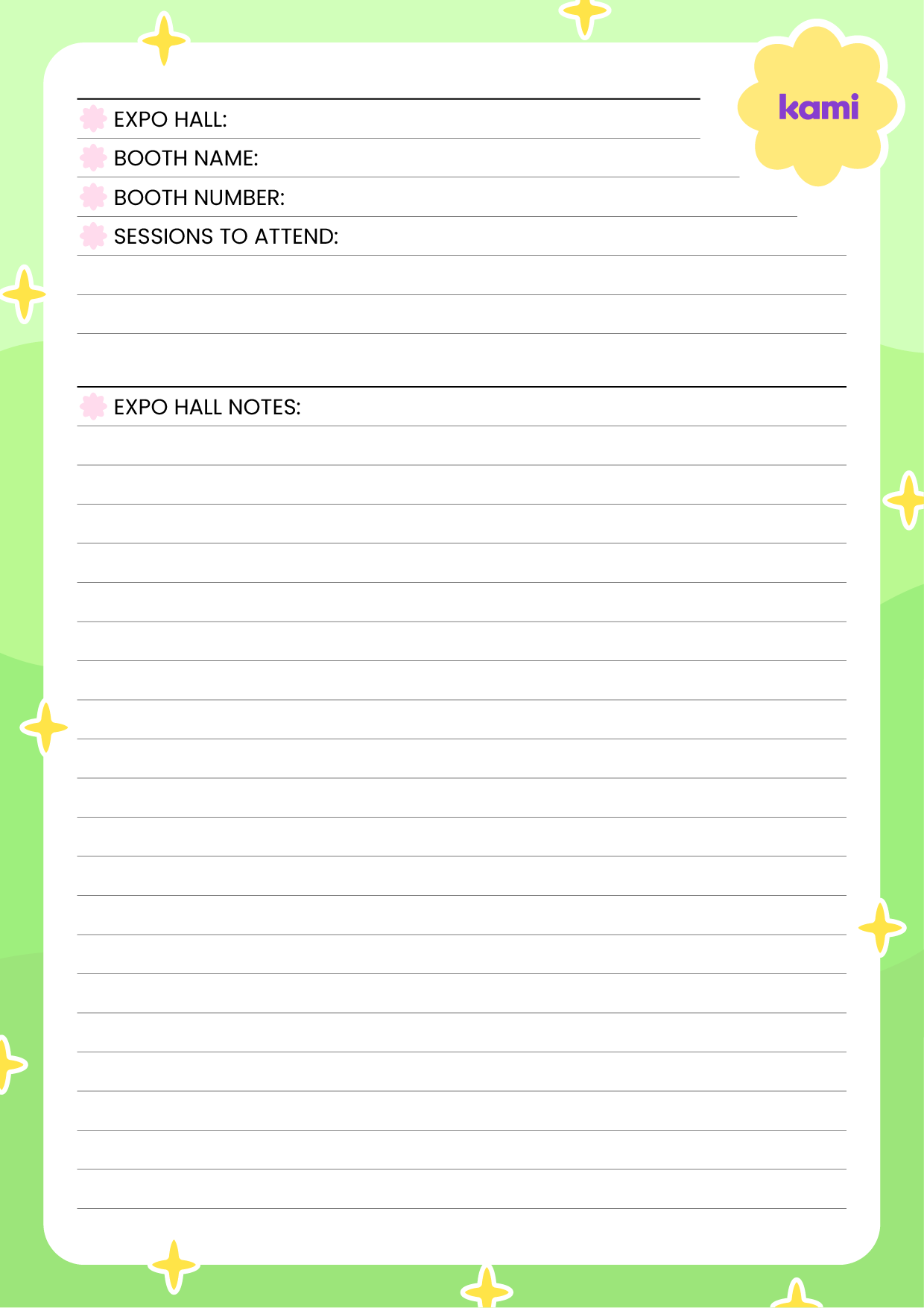 A conference notes template for note taking with a green design.