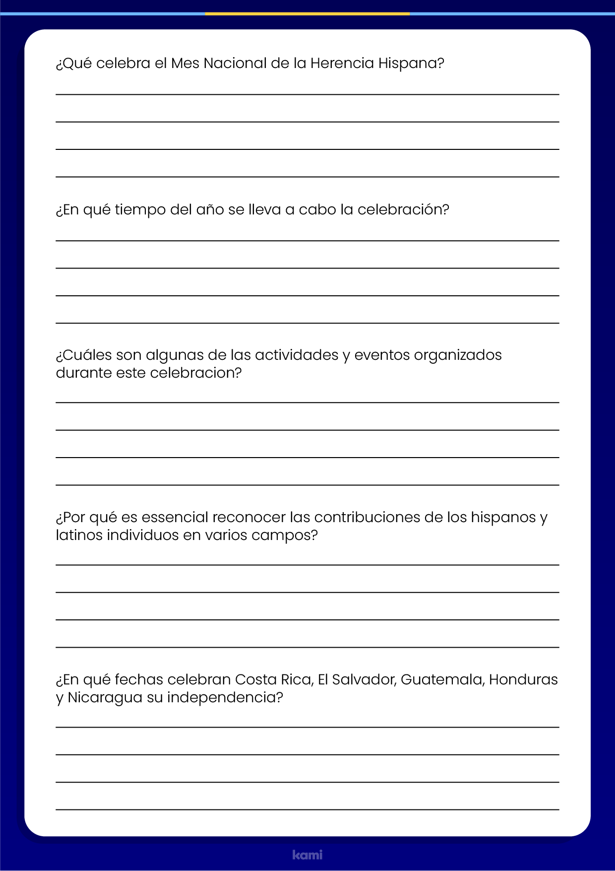 A worksheet for Hispanic Heritage month with a translated Spanish version.