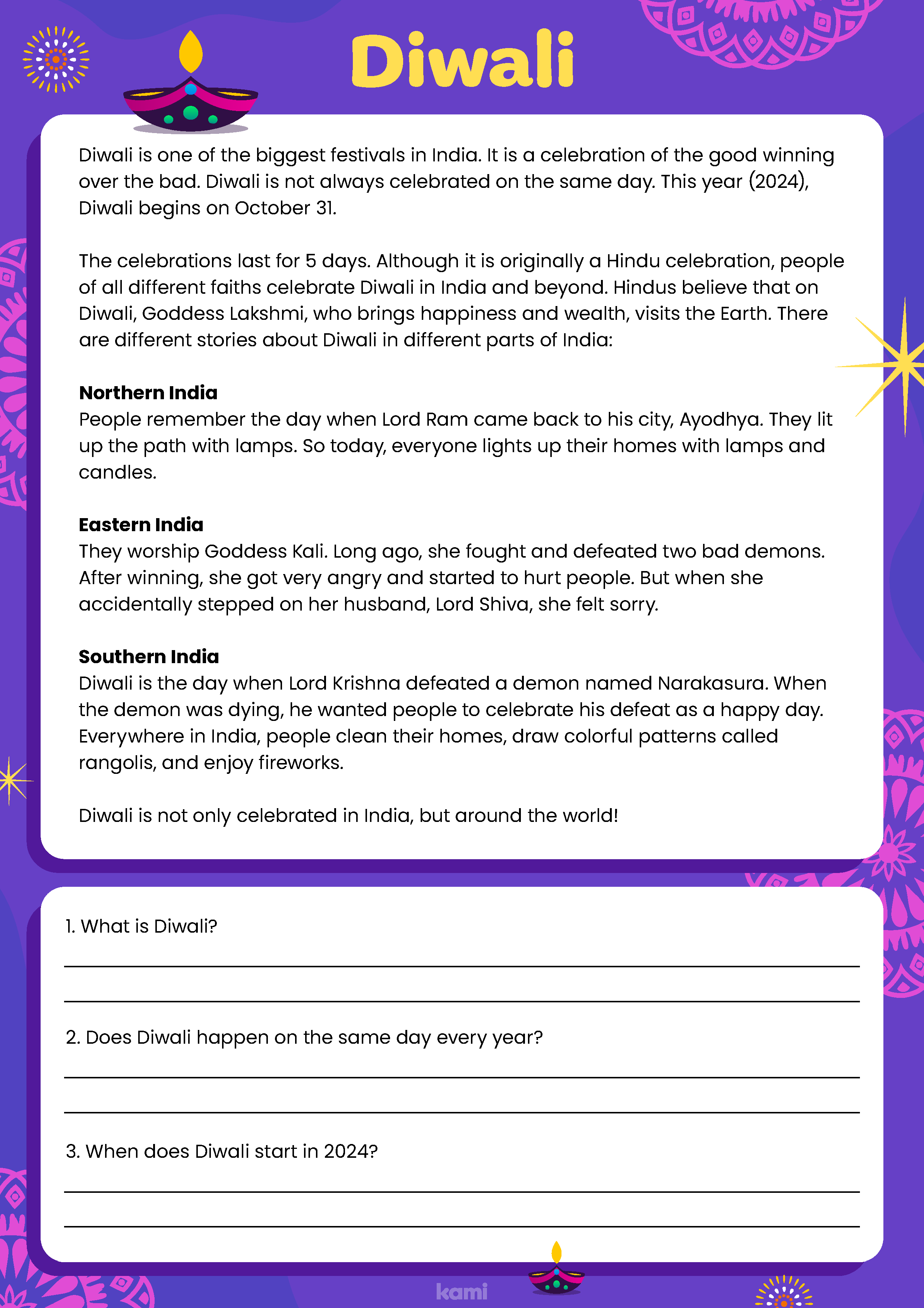 A reading comprehension for Diwali with a question and answer exercise.