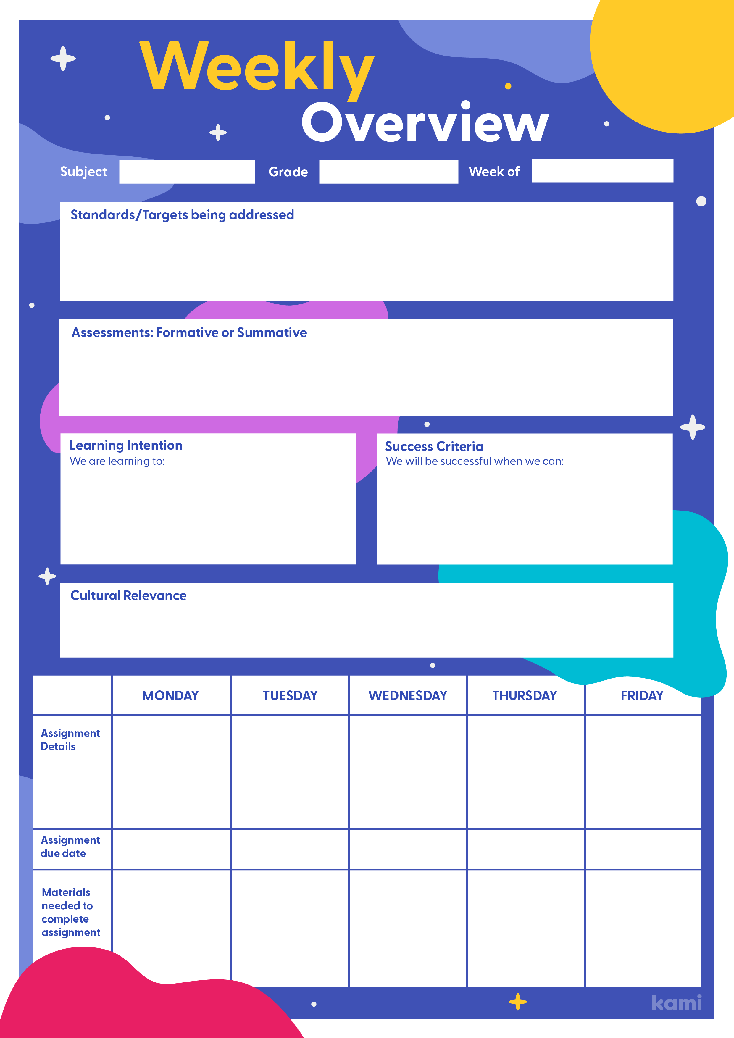 A Weekly Overview Lesson Plan for Teachers with a Blobs & Stars