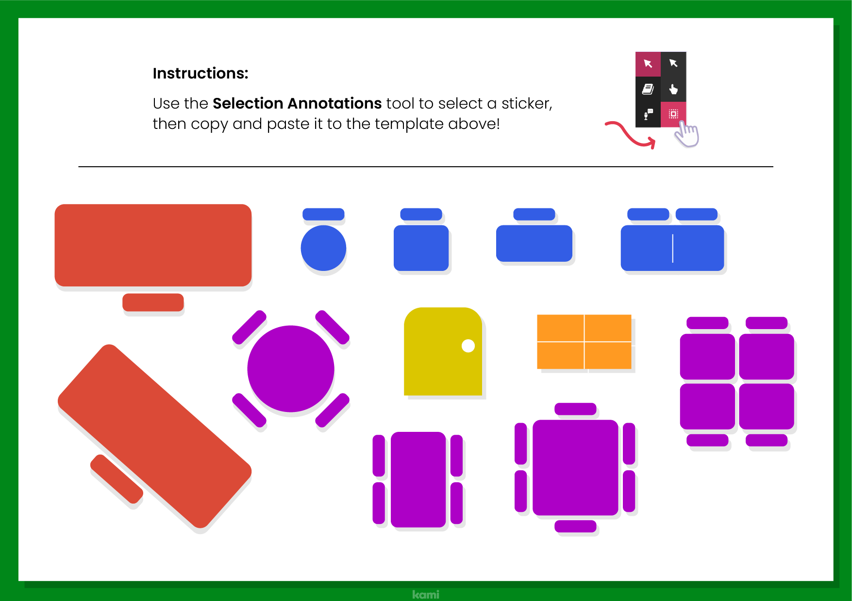 A classroom map template for back to school with a color code.