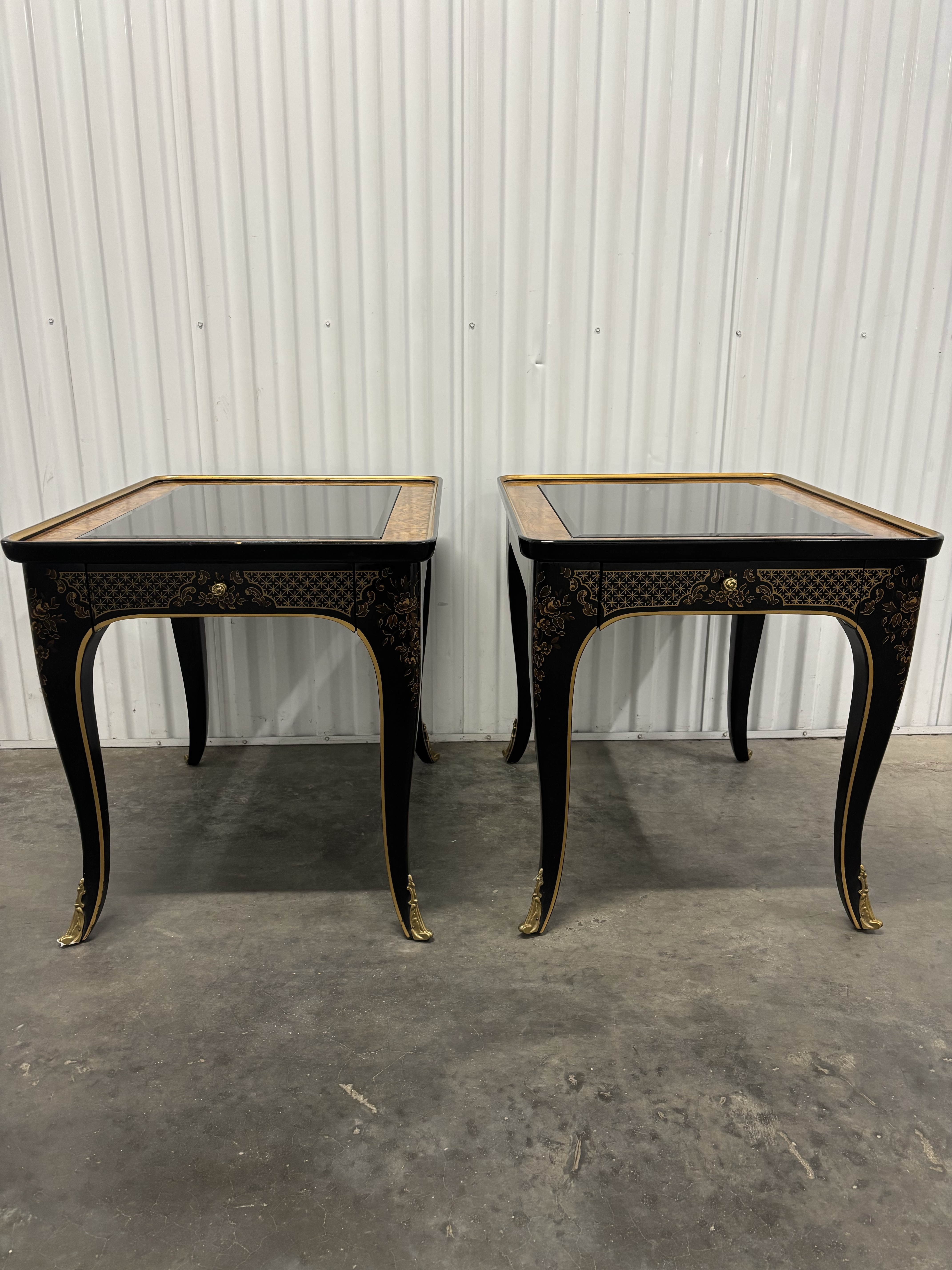 Drexel Heritage Et Cetera Chinoiserie Black & Burl End Tables- A