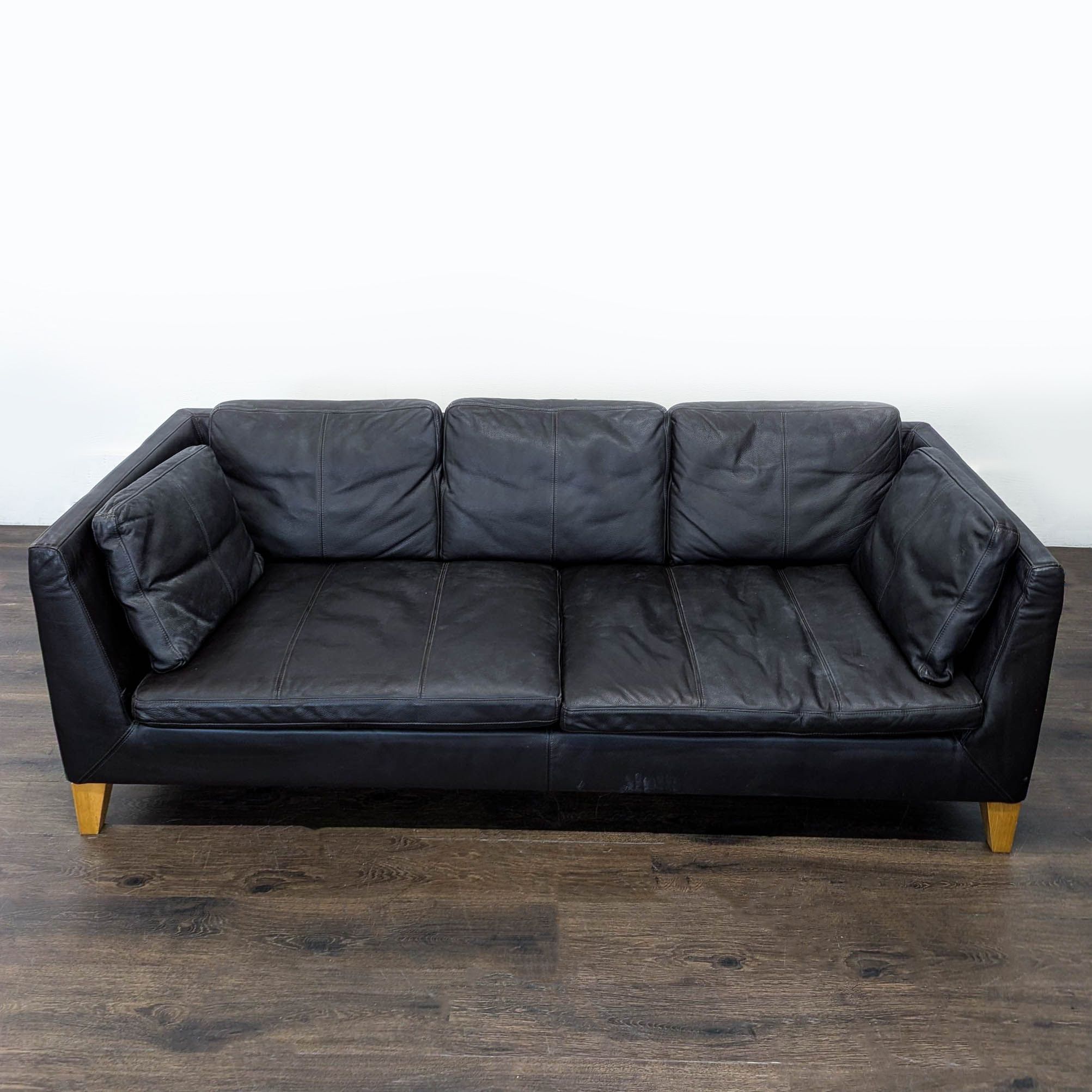IKEA ソファ ブラック Ikea 3-Seat Dark Leather Sofa with Wooden Legs | Ikea - $795