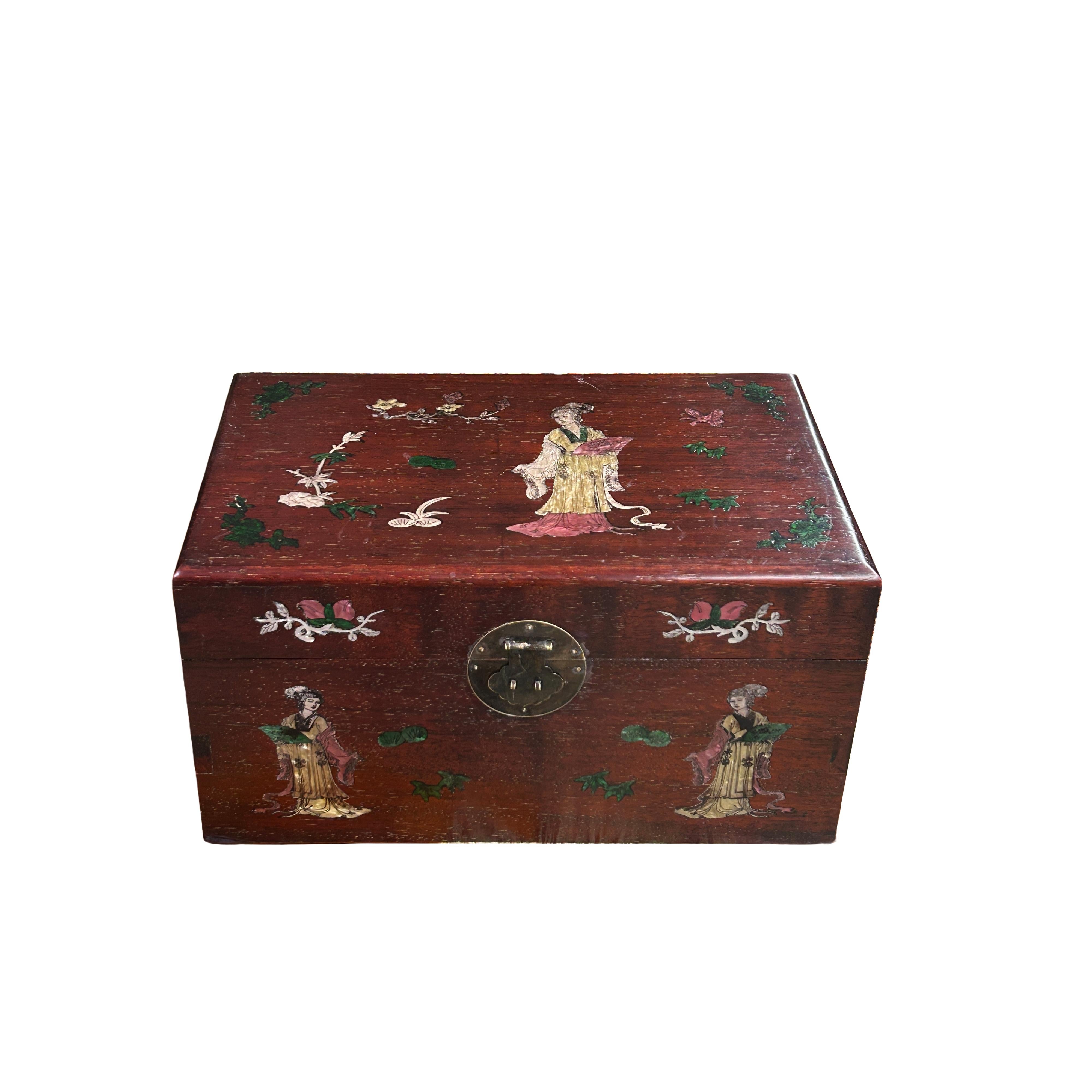Oriental Mother of Pearl Graphic Reddish Brown Wood Trunk Chest