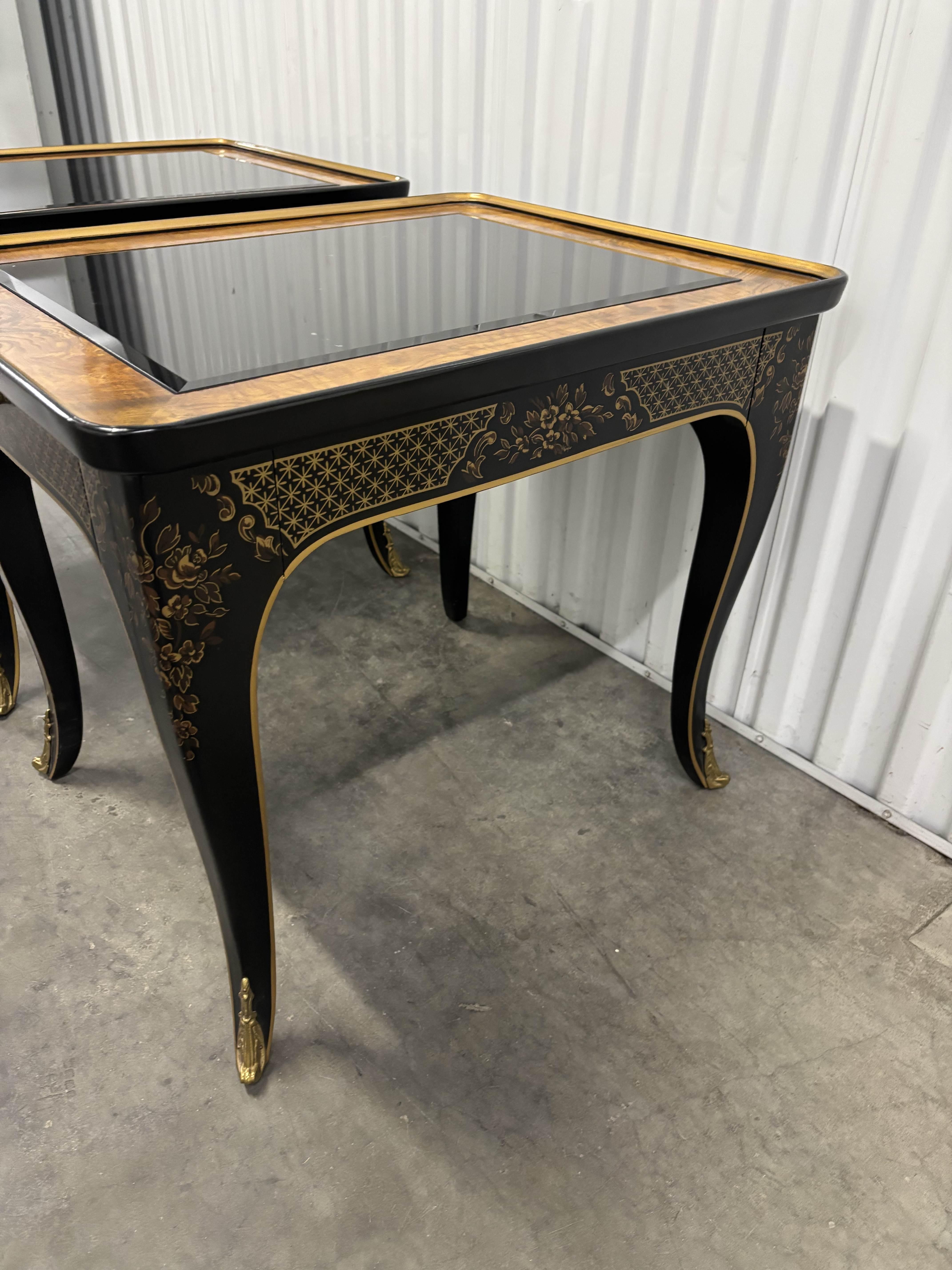 Drexel Heritage Et Cetera Chinoiserie Black & Burl End Tables- A