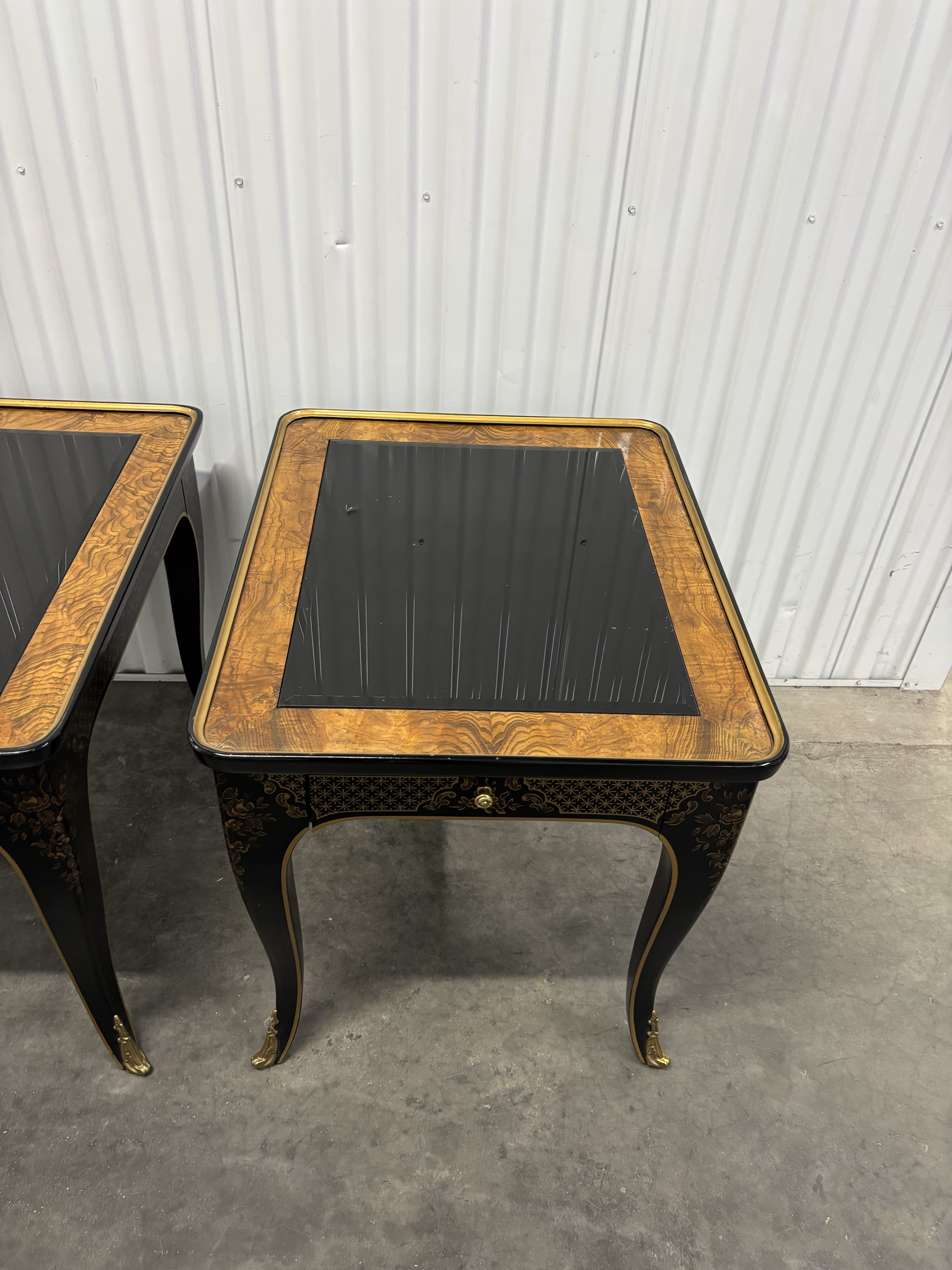 Drexel Heritage Et Cetera Chinoiserie Black & Burl End Tables- A
