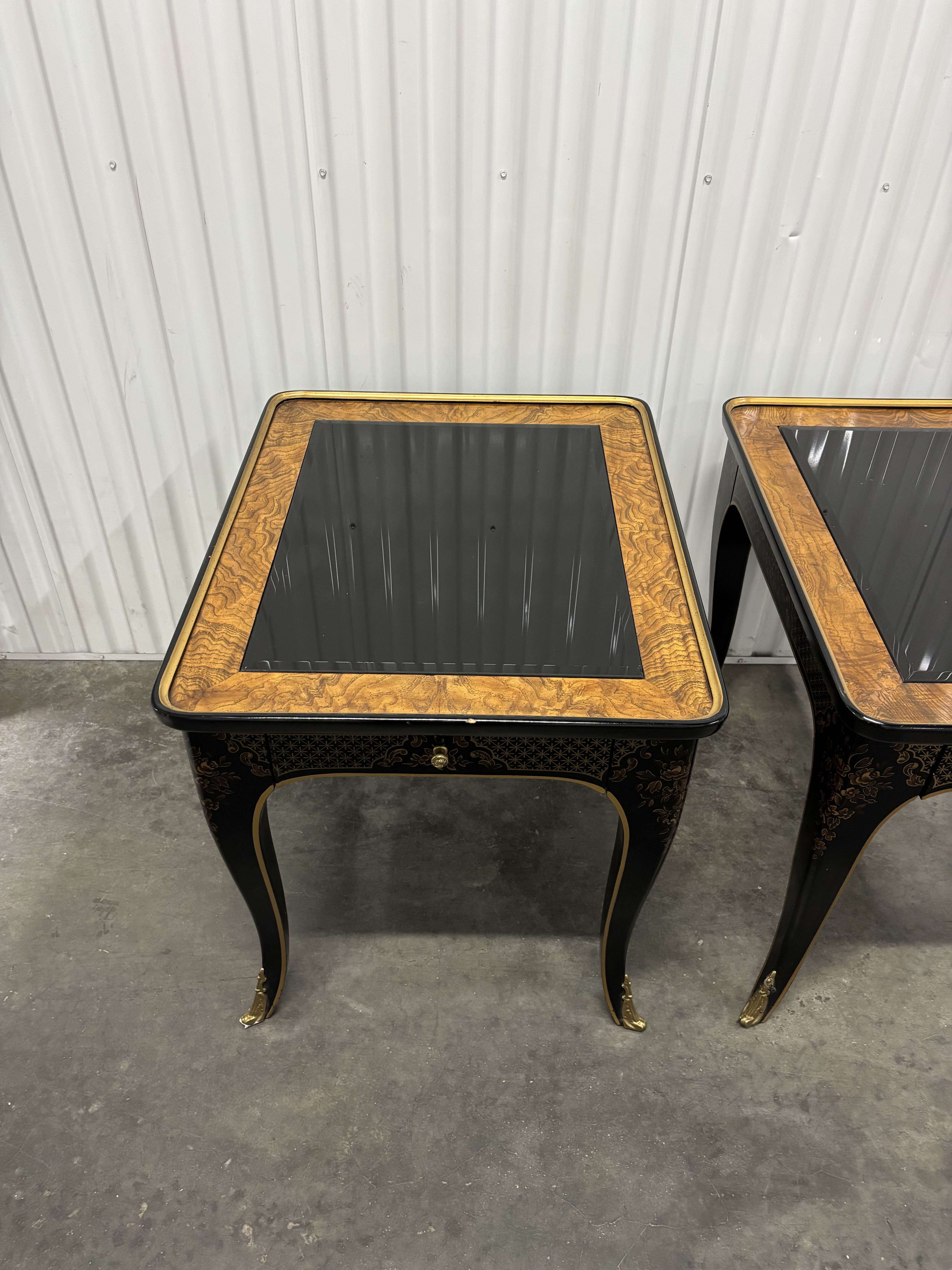 Drexel Heritage Et Cetera Chinoiserie Black & Burl End Tables- A