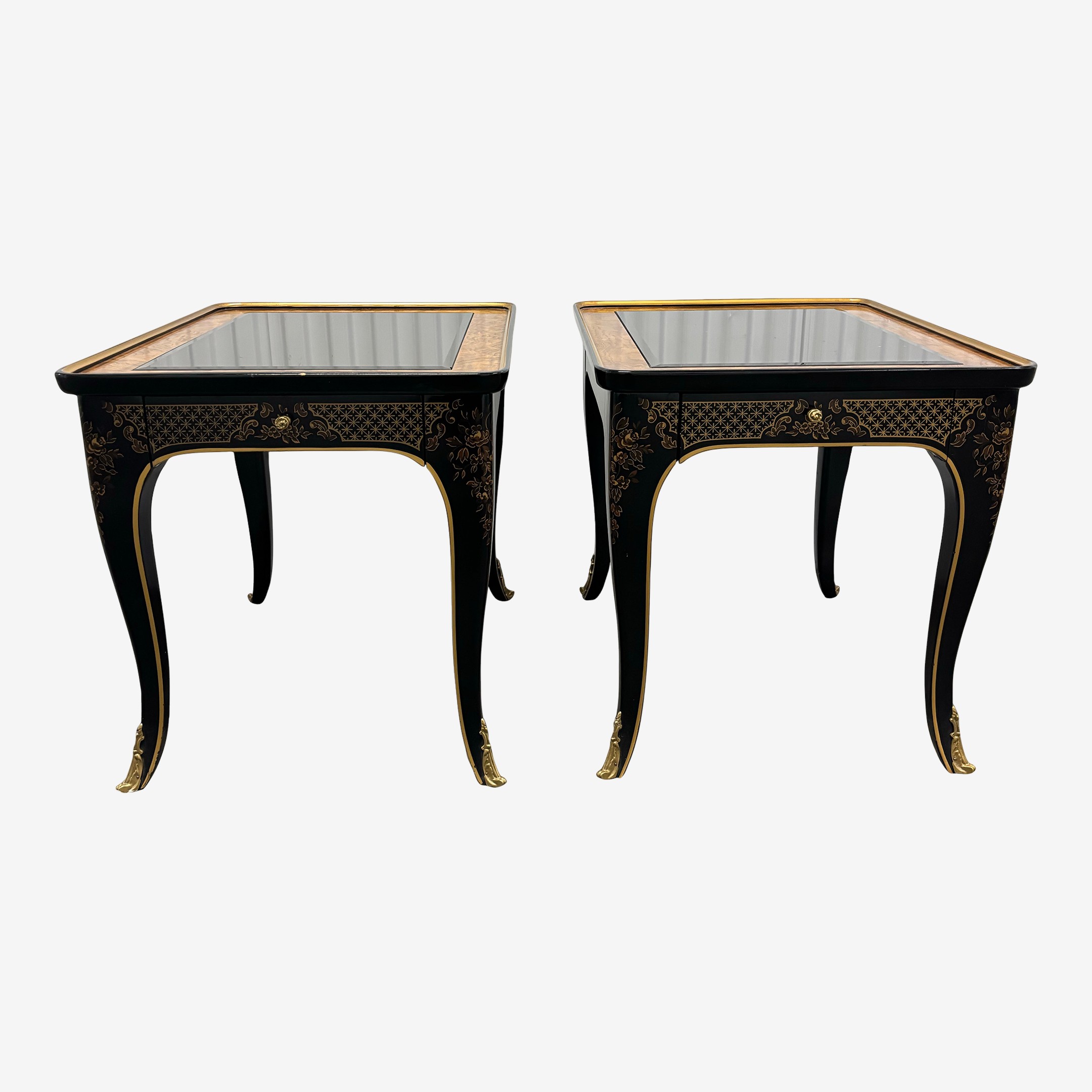 Drexel Heritage Et Cetera Chinoiserie Black & Burl End Tables- A
