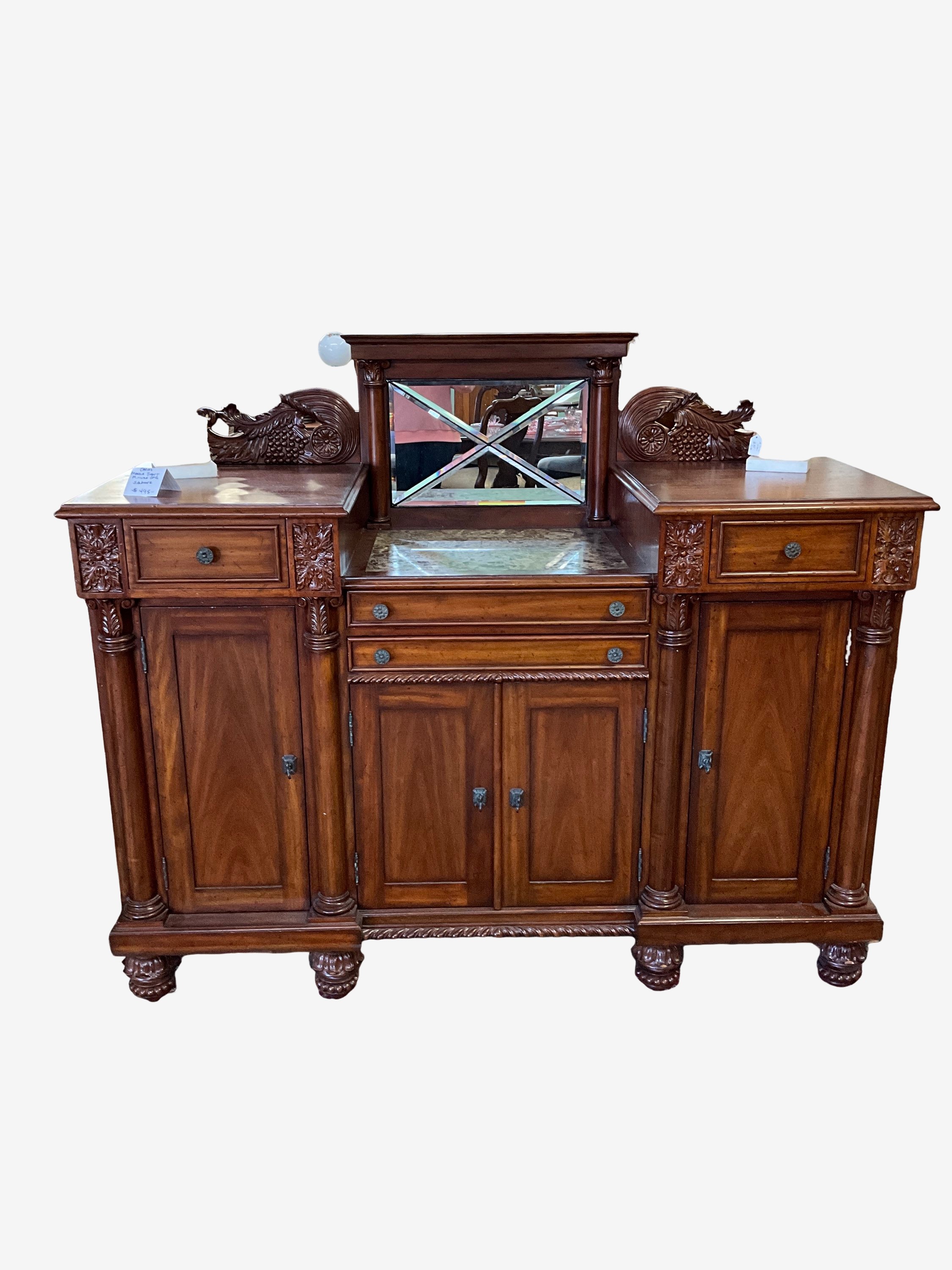 DREXEL HERITAGE CARVED MARBLE INSERT MIRRORED BACK SIDEBOARD