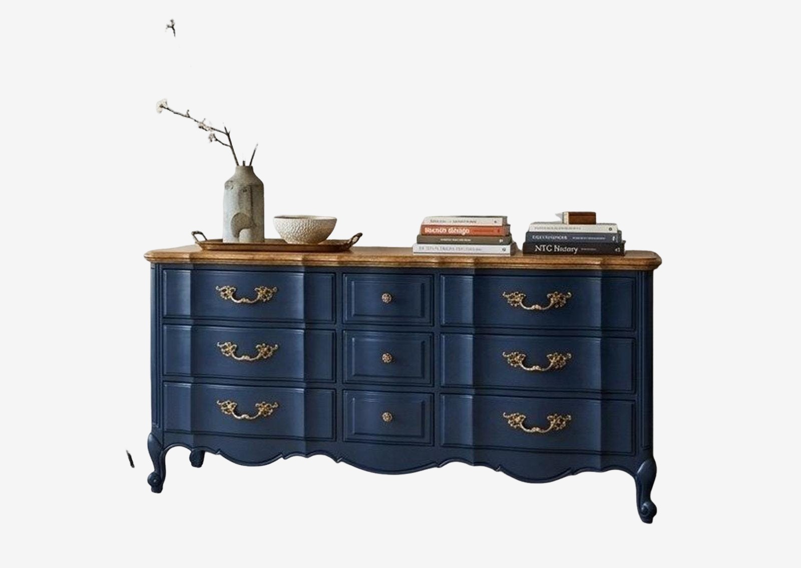 Refinished Thomasville 9-Drawer Dresser – Navy Blue with Brass