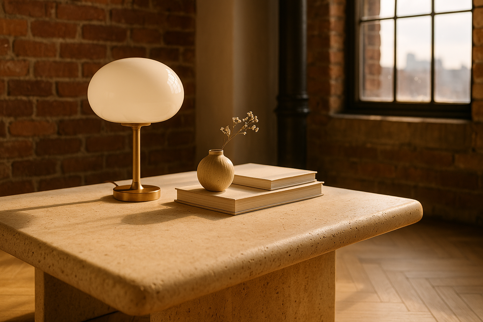 Vintage travertine table with modern lamp in Old City